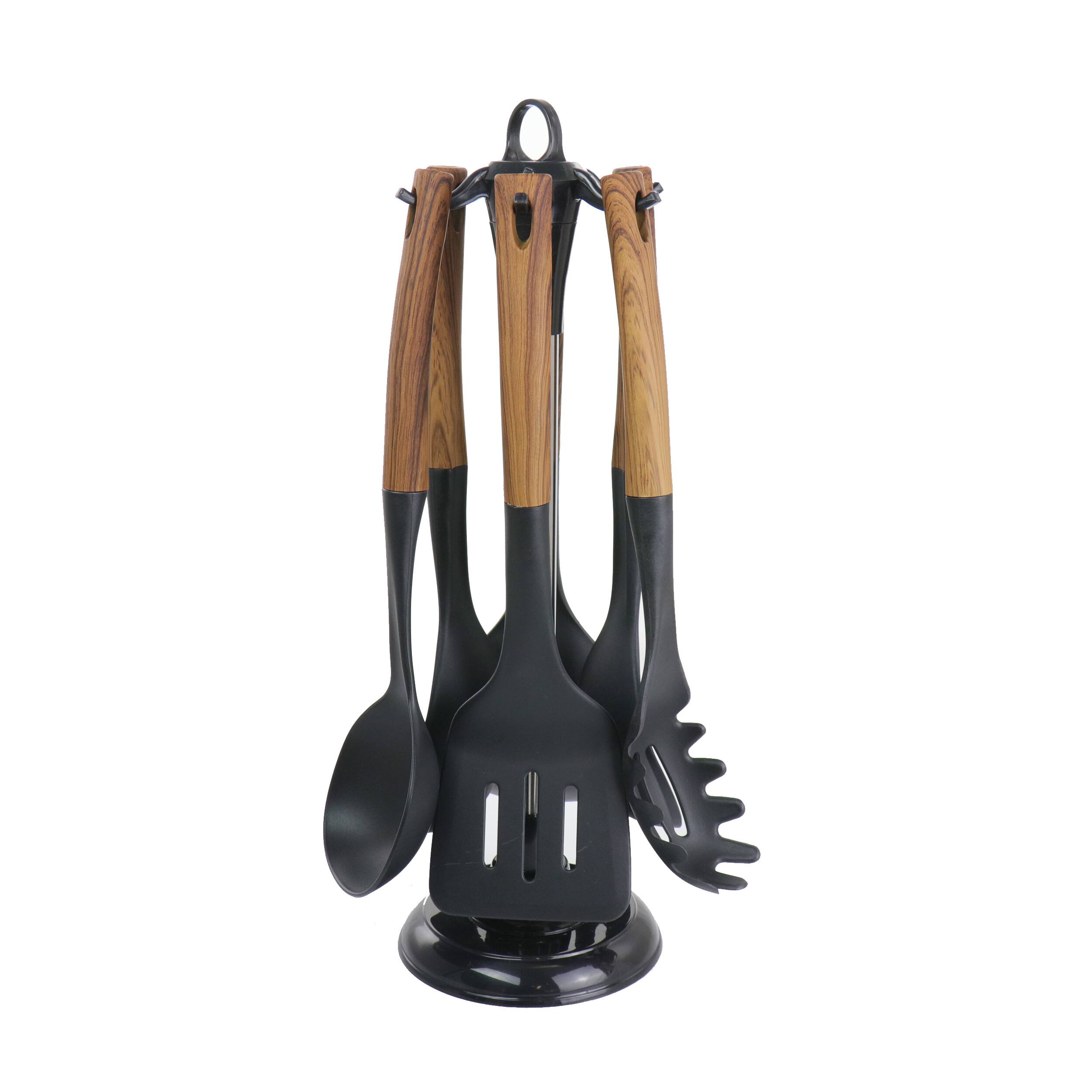 MegaChef - Nylon Cooking Utensils with Wood Design, Set of 7 - Black