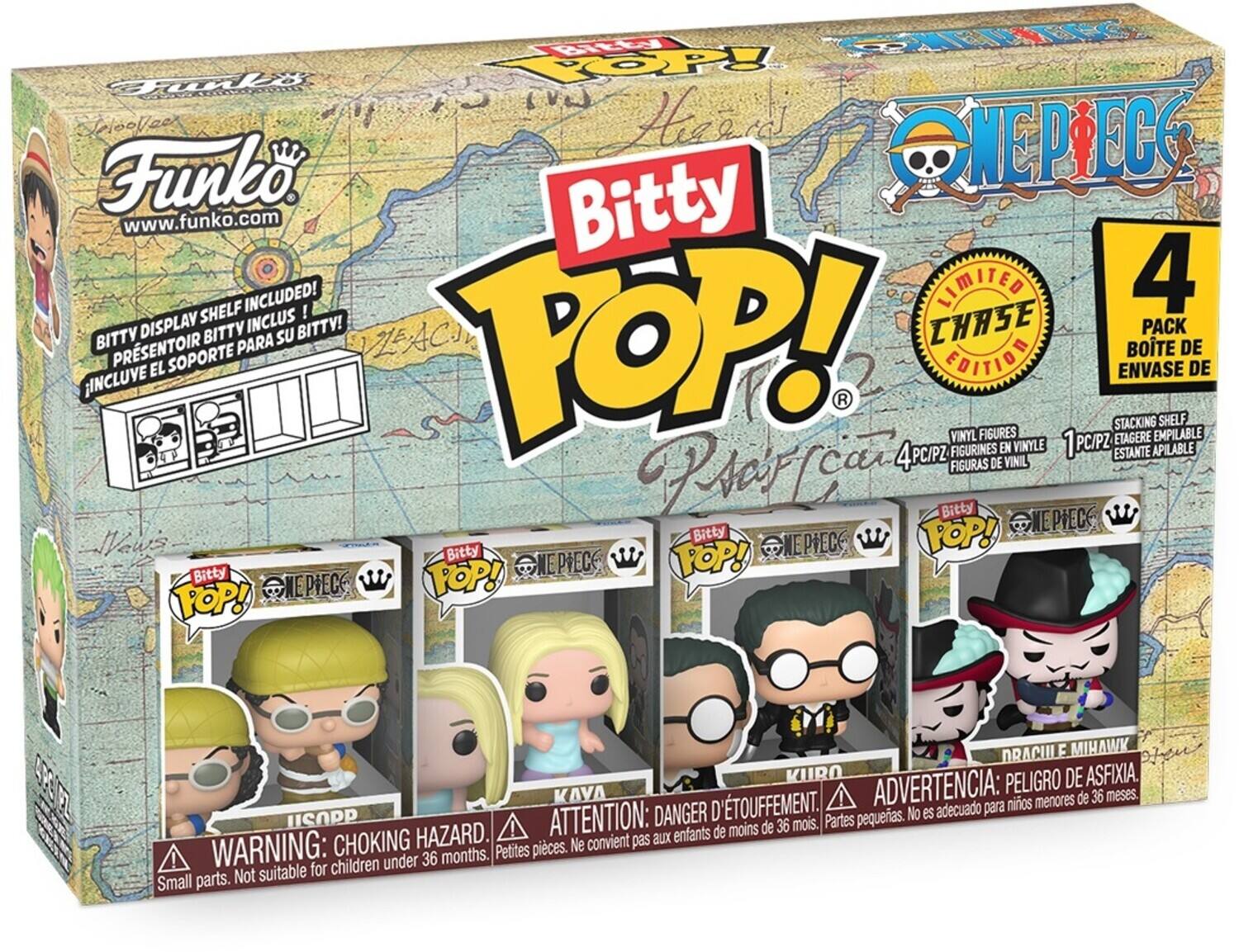Sure, here is the corrected and grouped text from the image:

---

**Funko**  
www.funko.com

**Bitty POP!**  
ONE PIECE

**BITTY DISPLAY SHELF INCLUDED!**  
PRESENTOIR BITTY INCLUS!  
INCLUYE EL SOPORTE PARA SU BITTY!

**LIMITED CHASE EDITION**

**4 PACK**  
BOITE DE 4  
4 PC/PZ  
VINYL FIGURES  
FIGURINES EN VINYLE  
FIGURAS DE VINIL  
1 PC/PZ  
STACKING SHELF  
ETAGERE APILABLE  
ESTANTE APILABLE

**WARNING: CHOKING HAZARD.**  
Small parts. Not suitable for children under 36 months.  
ATTENTION: DANGER D'ÉTOUFFEMENT.  
Petites pièces. Ne convient pas aux enfants de moins de 36 mois.  
ADVERTENCIA: PELIGRO DE ASFIXIA.  
Partes pequeñas. No es adecuado para niños menores de 36 meses.

**USOPP**  
**KAYA**  
**DRACULE MIHAWK**

---

This text is organized to reflect