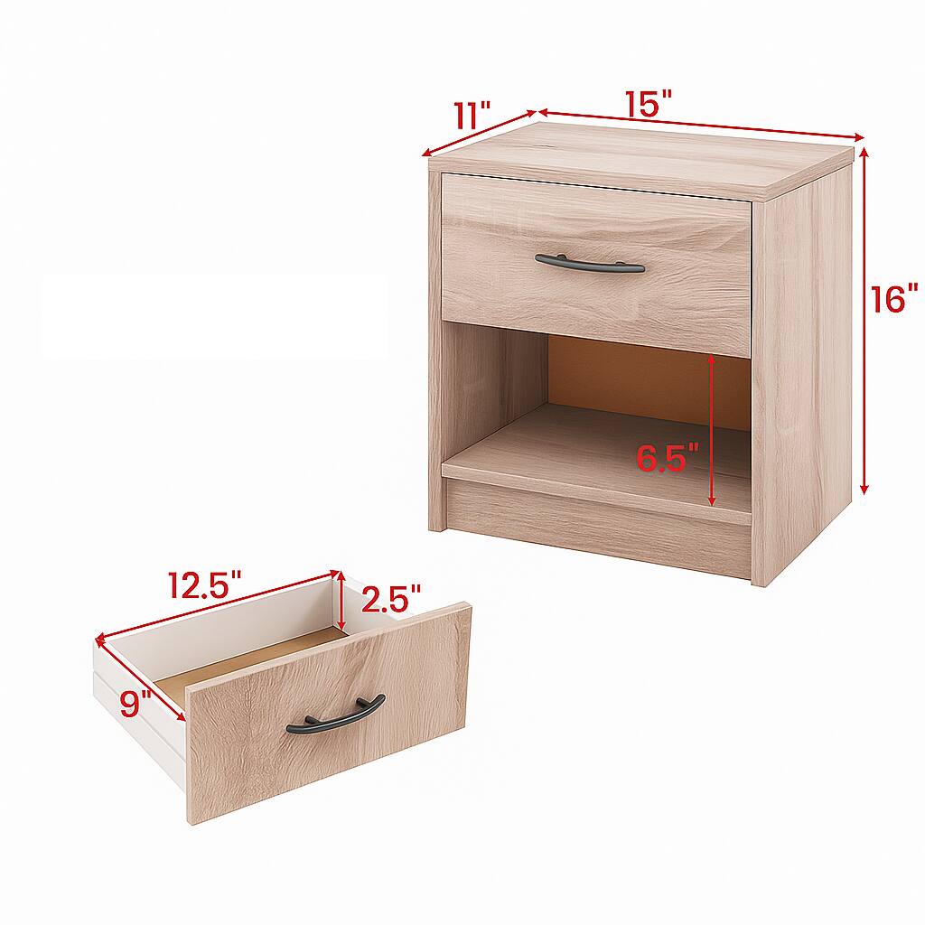 - Width: 11"
- Depth: 15"
- Height: 16"
- Shelf Height: 6.5"
- Drawer Width: 12.5"
- Drawer Depth: 2.5"
- Drawer Height: 9"