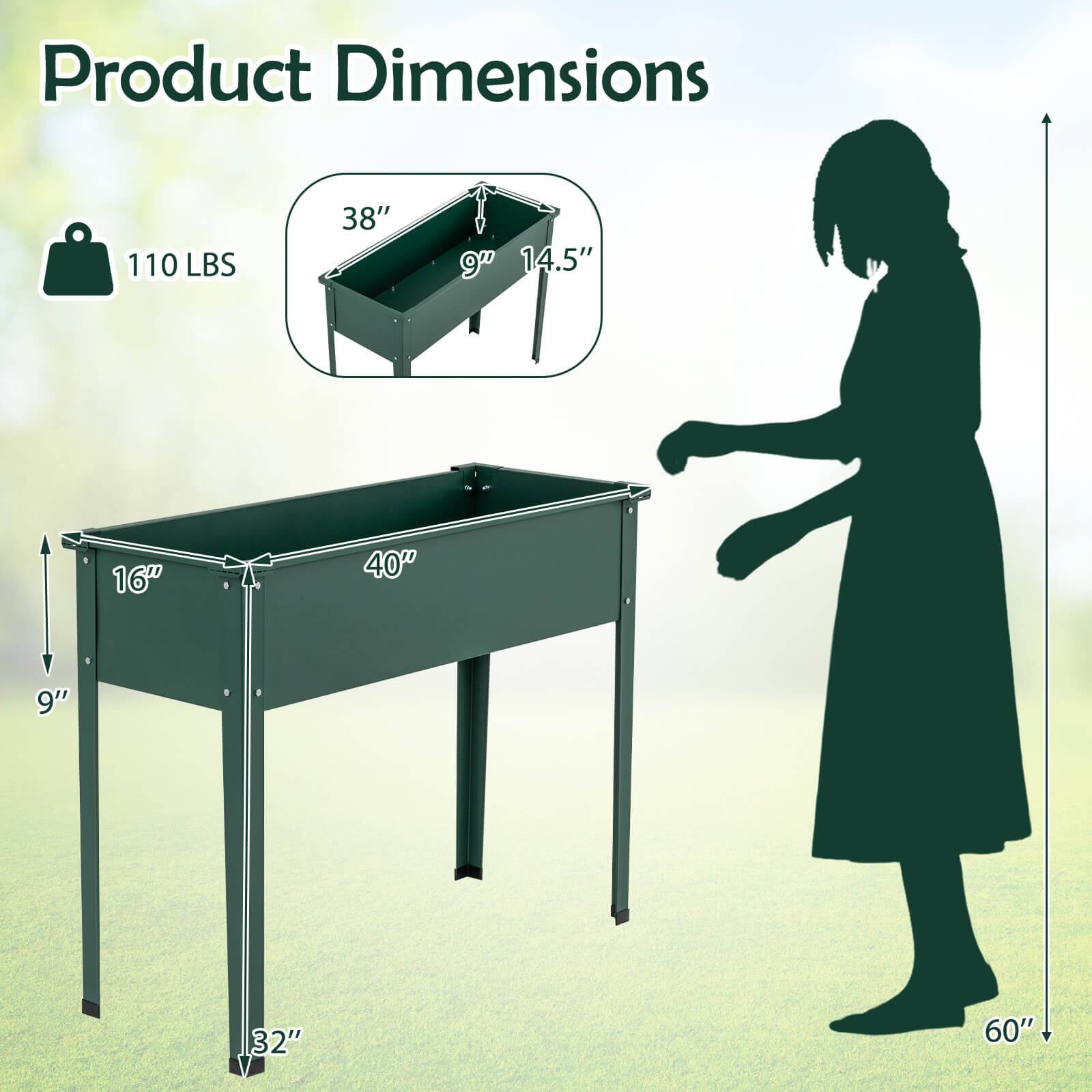 Product Dimensions: 110 LBS, 38" x 9" x 14.5", 16" x 40" x 9", 32" x 60"