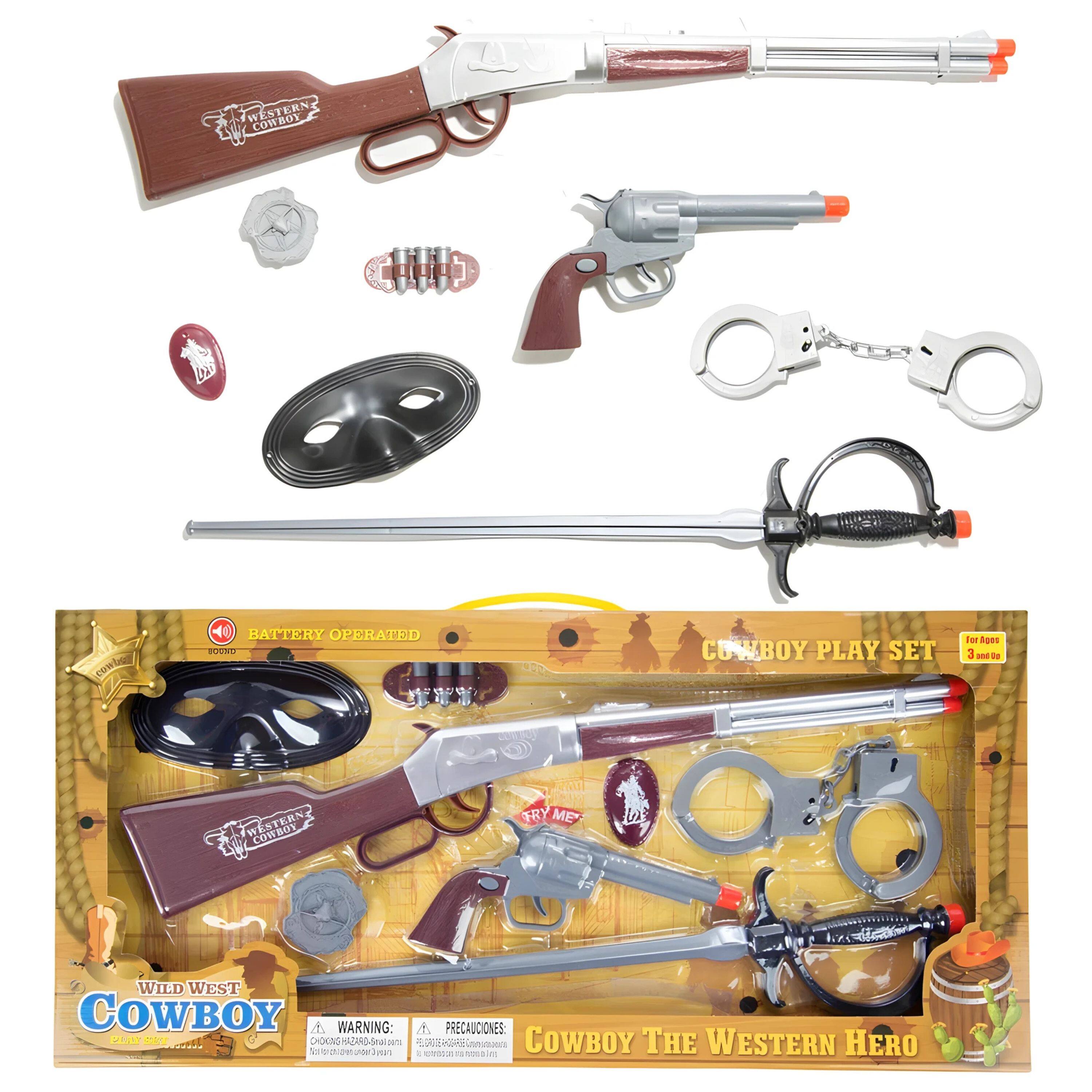 **Western Cowboy Play Set**

- **Battery Operated**
- **Wild West Cowboy**
- **Cowboy the Western Hero**

**For Ages 3 and Up**

**Warning:**
- Choking Hazard - Small parts. Not for children under 3 years.

**Precauciones:**
- Peligro de asfixia - Piezas pequeñas. No apto para menores de 3 años.

**Contents:**
- 2 toy guns
- 1 sword
- 1 sheriff's badge
- 1 sheriff's hat
- 1 lasso
- 1 pair of handcuffs
- 1 sheriff's star
- 1 sheriff's badge pin
- 1 sheriff's hat pin
- 1 sheriff's star pin
- 1 sheriff's badge sticker
- 1 sheriff's hat sticker
- 1 sheriff's star sticker
- 1 sheriff's badge sticker
- 1 sheriff's hat sticker
- 1 sheriff's star sticker
- 1 sheriff's badge sticker
- 1 sheriff's hat sticker
- 1 sheriff's star sticker
- 1 sheriff's badge sticker
- 1 sheriff's hat sticker
- 1 sheriff's star sticker
-
