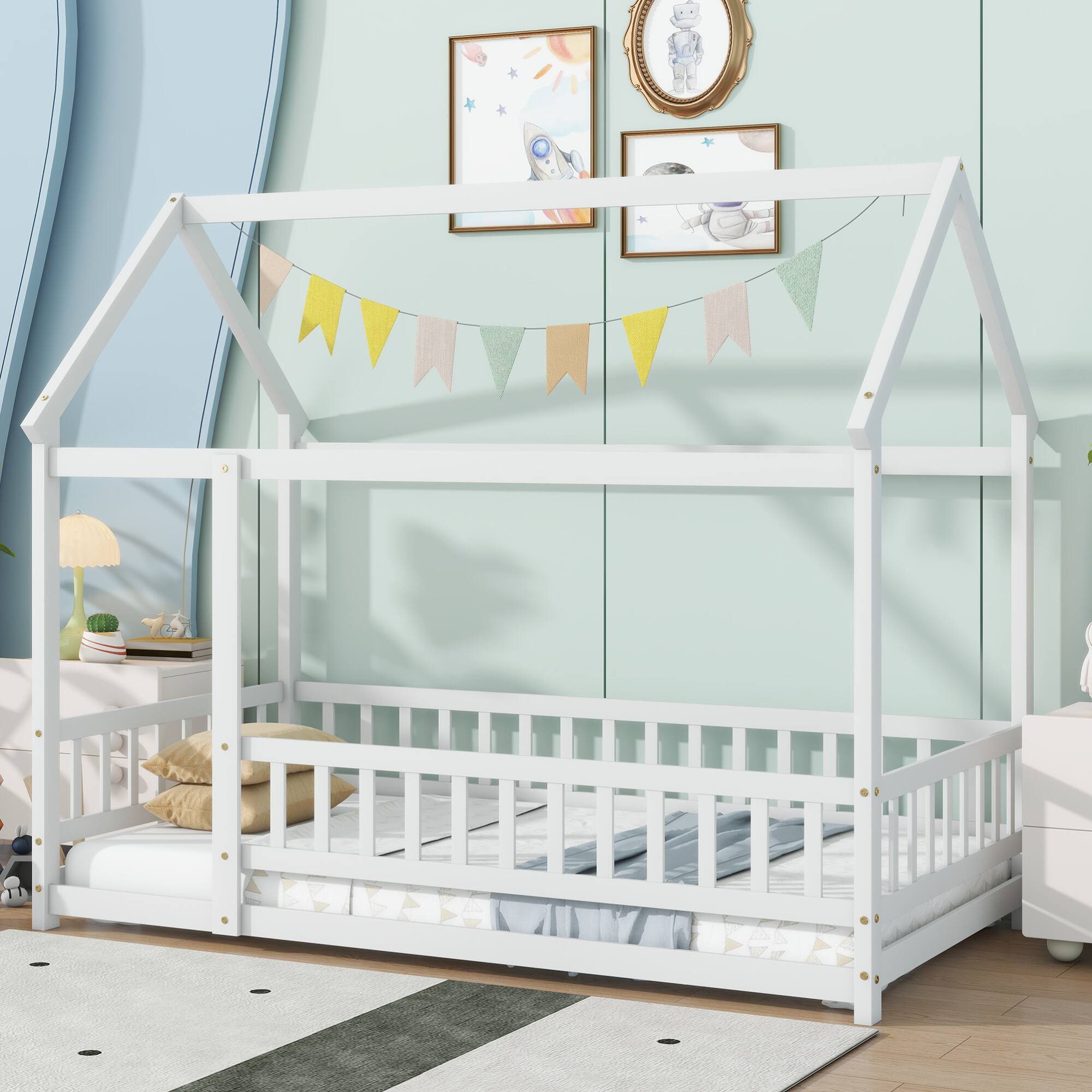 Back. GOODSILO - Twin Size House-Shaped Floor Bed with Safety Guardrails and Roof Frame, Grey Finish Wooden Playful Sleep Solution - White.