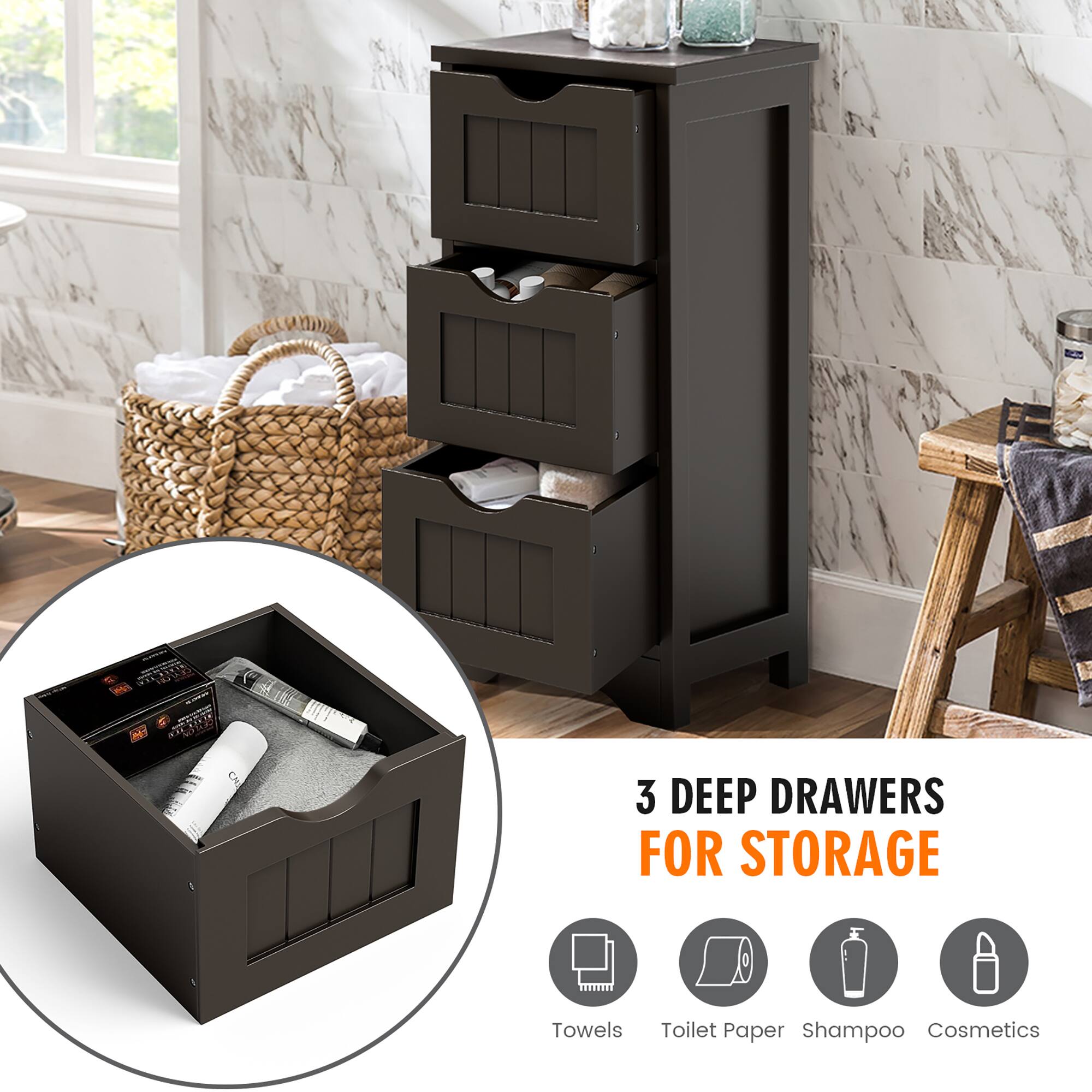 3 DEEP DRAWERS FOR STORAGE

- Towels
- Toilet Paper
- Shampoo
- Cosmetics