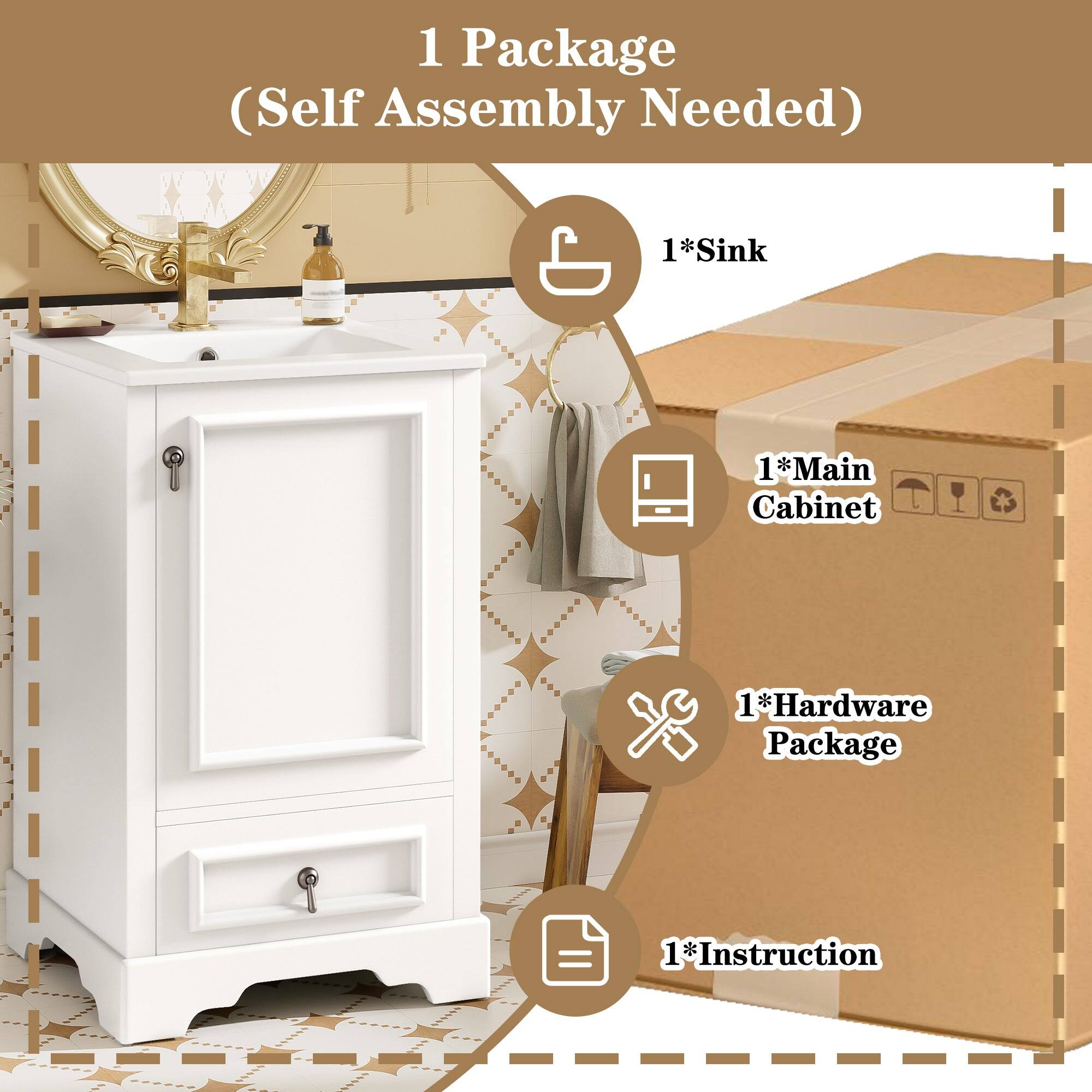 1 Package (Self Assembly Needed)

1*Sink

1*Main Cabinet

1*Hardware Package

1*Instruction
