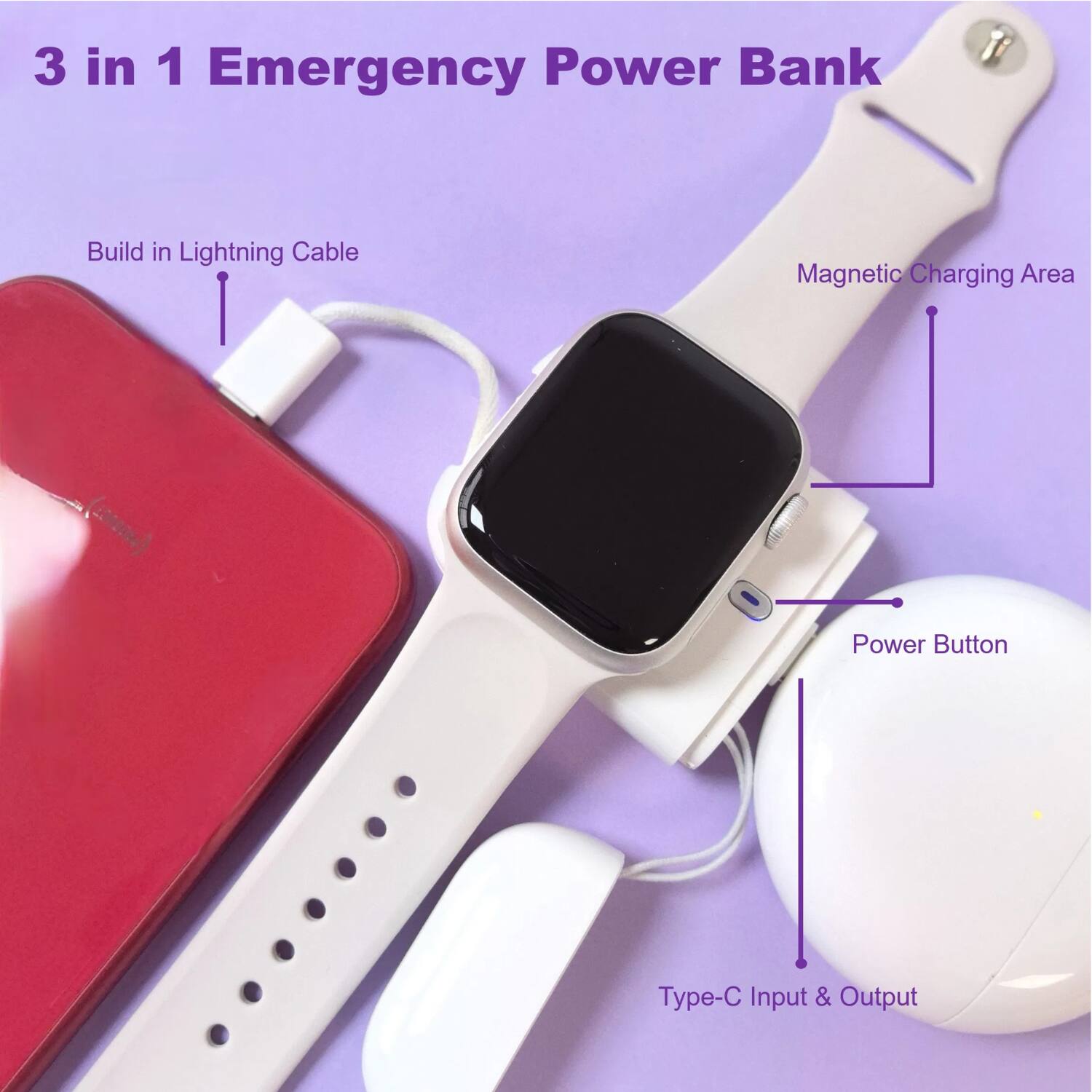 3 in 1 Emergency Power Bank

- Build in Lightning Cable
- Magnetic Charging Area
- Power Button
- Type-C Input & Output