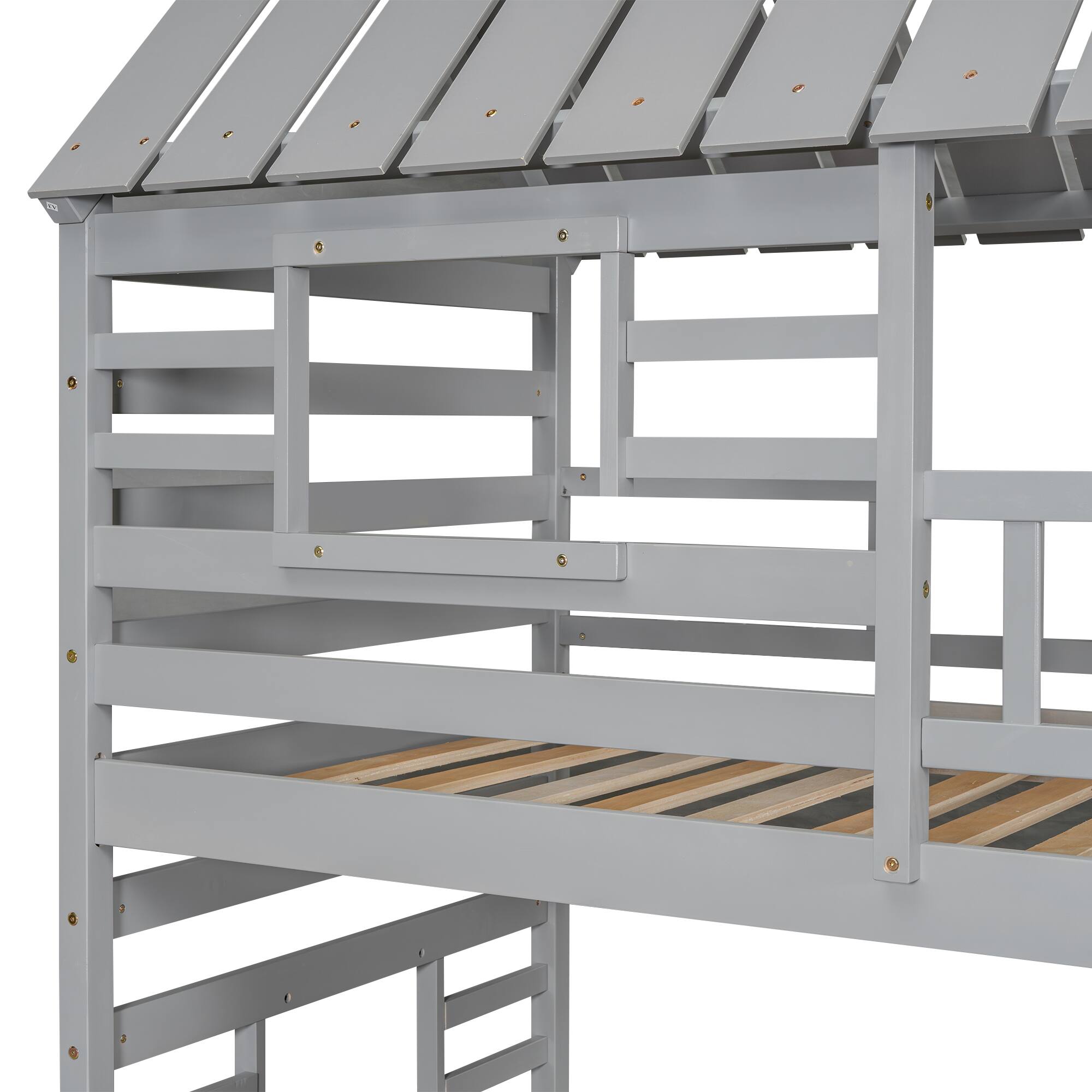 Alt View 10. Tiramisubest - Twin Bunk Bed with Trundle, Slide, Storage Staircase, Roof & Window, Gray - Gray.