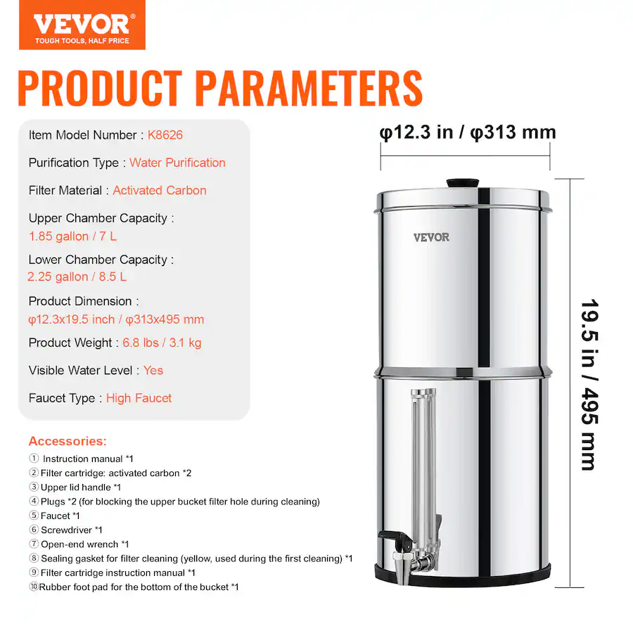 VEVOR Gravity fed Water Filter System, 2.25G 304 Stainless Steel ...
