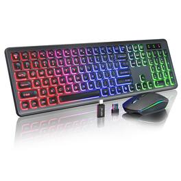 Luckbyte - Rechargeable Silent Wireless Keyboard and Mouse Combo - Rainbow LED Backlit, Slim Ergonomic Set for PC & Laptop - Black