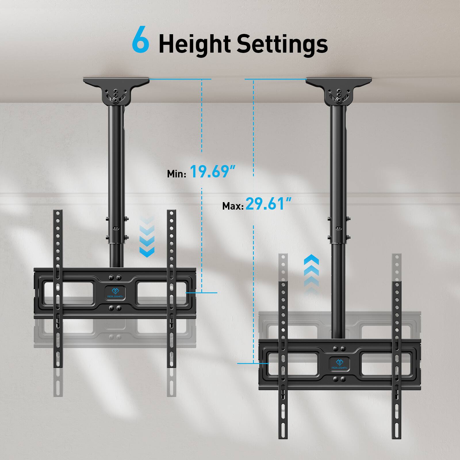 6 Height Settings

Min: 19.69"
Max: 29.61"