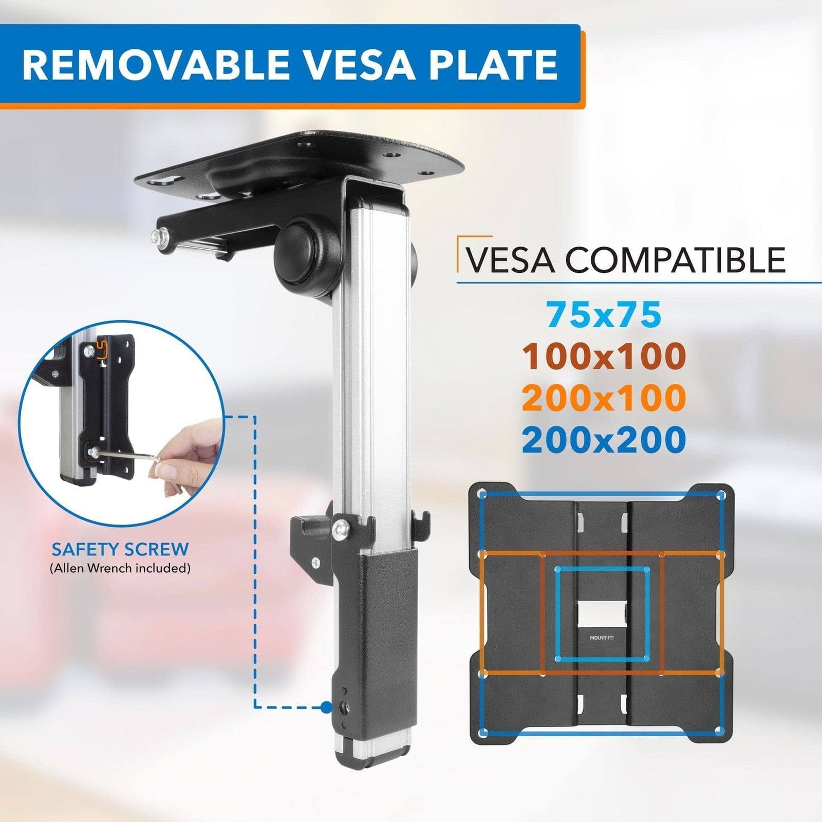 REMOVABLE VESA PLATE

VES A COMPATIBLE

75x75  
100x100  
200x100  
200x200

SAFETY SCREW  
(Allen Wrench included)