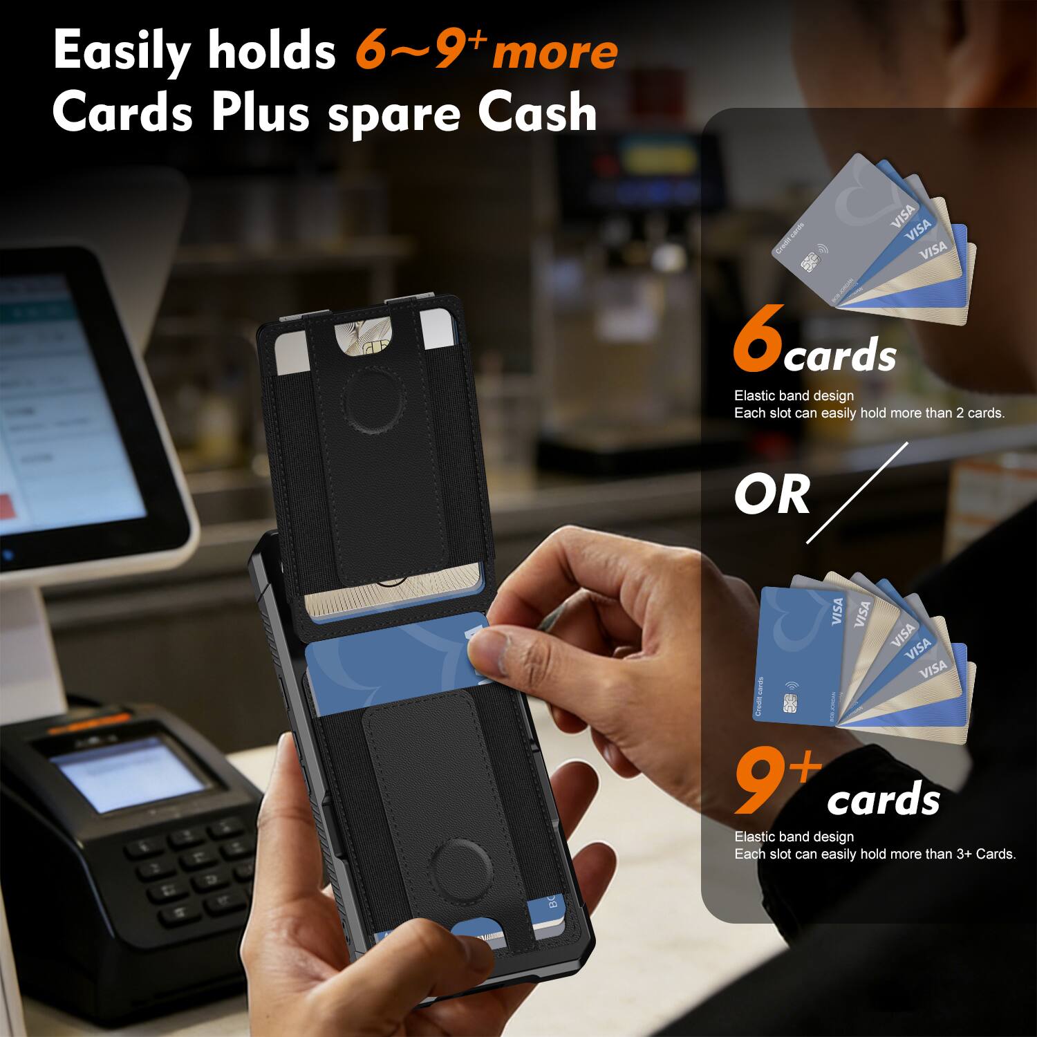 Easily holds 6~9+ more Cards Plus spare Cash

6 cards
Elastic band design
Each slot can easily hold more than 2 cards.

OR

9+ cards
Elastic band design
Each slot can easily hold more than 3+ Cards.