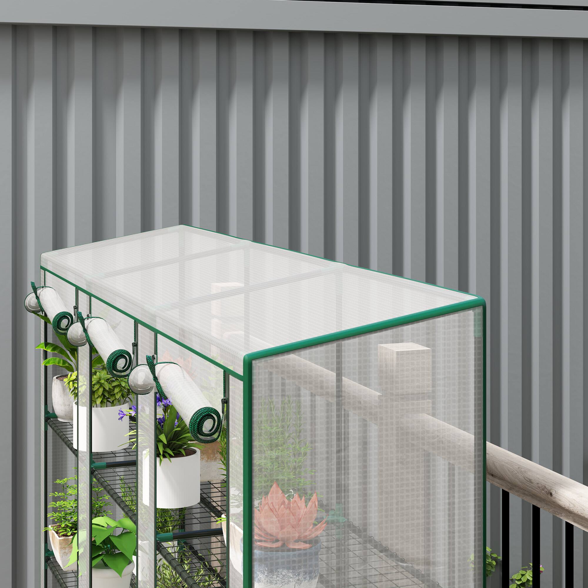 Alt View 8. Outsunny - x 18.1" x 56.7" Lean-to Mini Greenhouse, 3-Tier Shelves, 3 Roll-Up Doors - White.