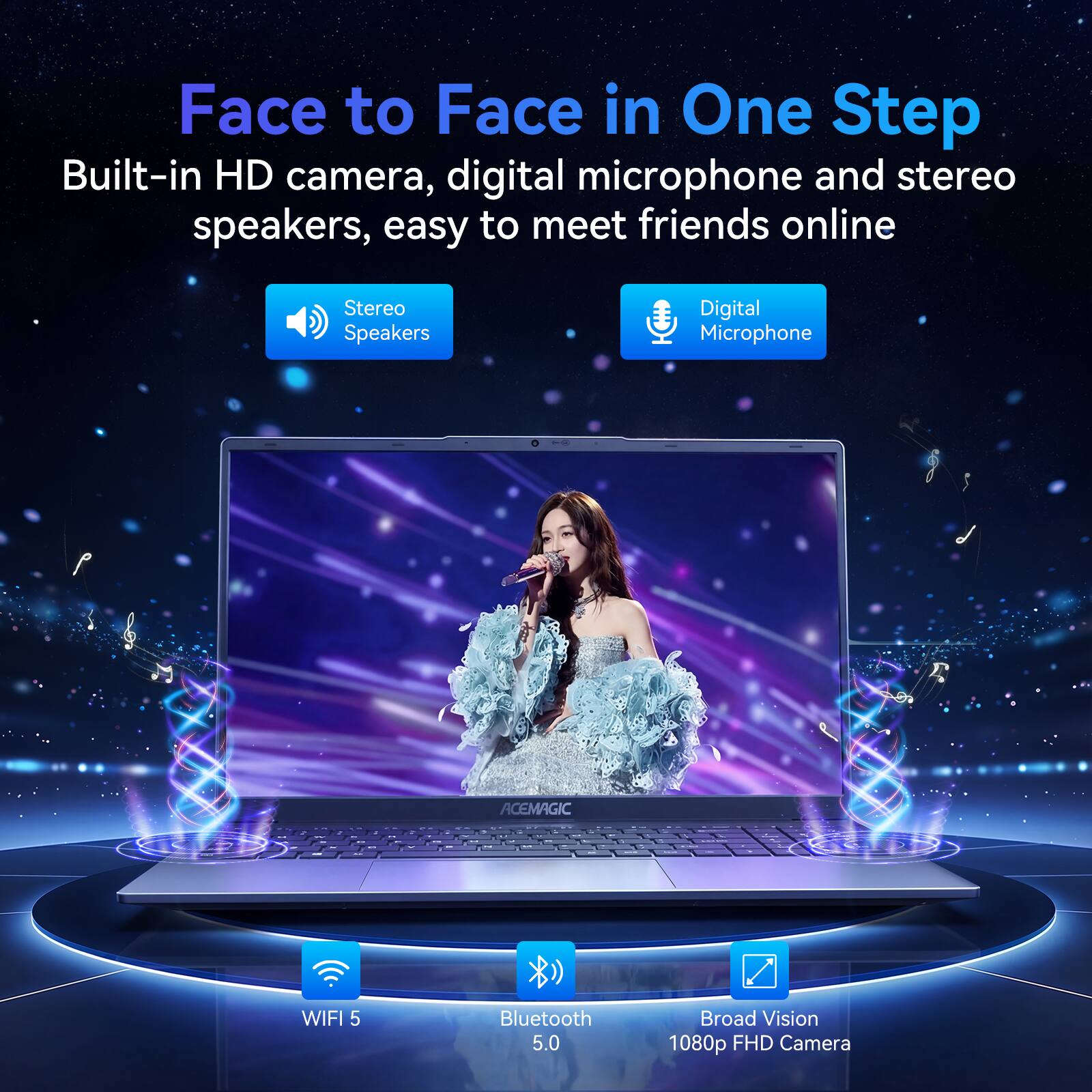 Face to Face in One Step  
Built-in HD camera, digital microphone and stereo speakers, easy to meet friends online  

- Stereo Speakers  
- Digital Microphone  
- WIFI 5  
- Bluetooth 5.0  
- Broad Vision 1080p FHD Camera