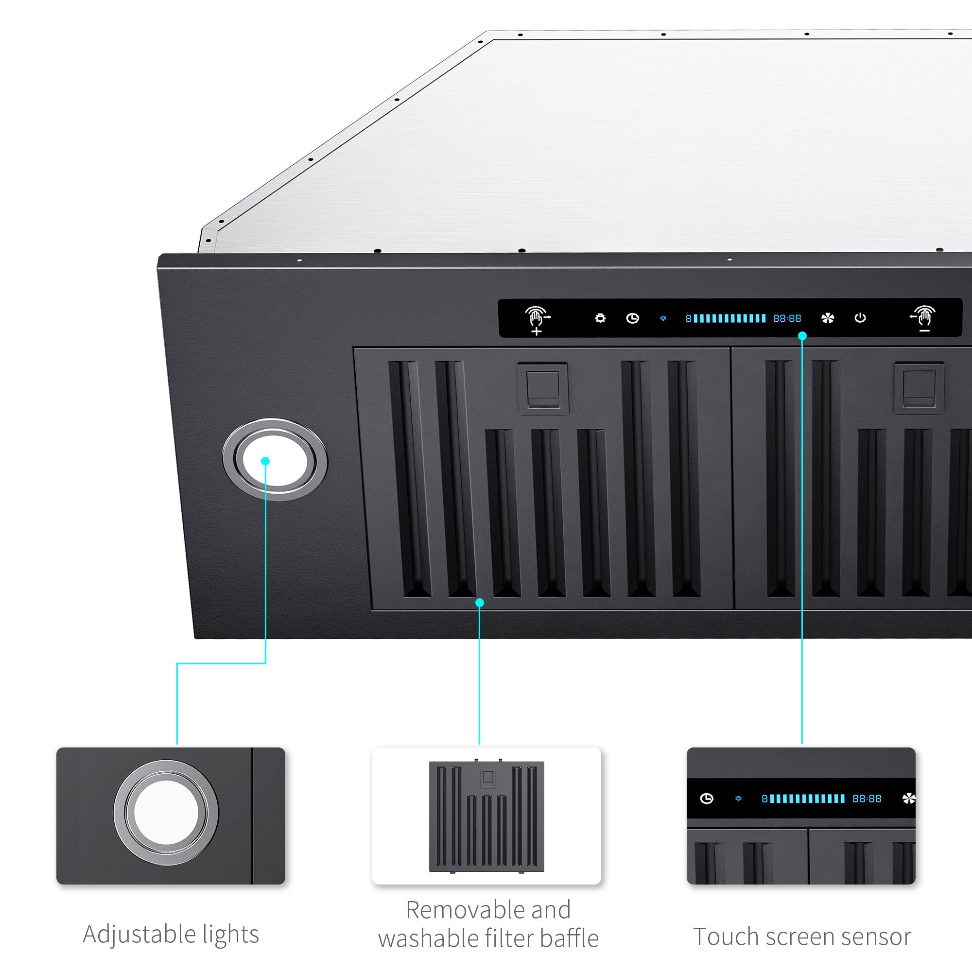 88-88  
9  
88:88  
Adjustable lights  
Removable and washable filter baffle  
Touch screen sensor