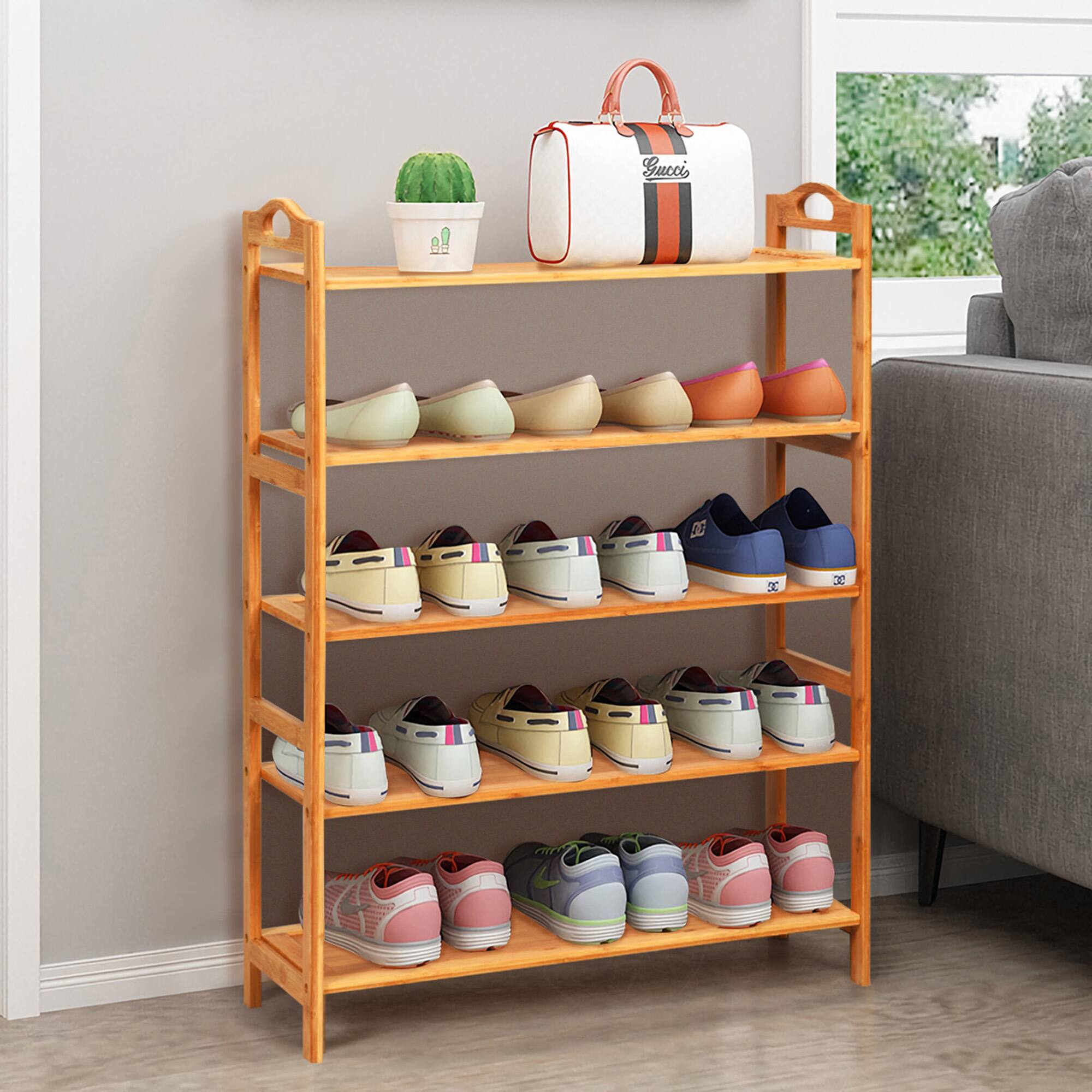 Alt View 12. Costway - 5-Tier Bamboo Shoe Rack FreeStanding Shoe Shelf Entryway Shoe Storage Organizer - Natural.