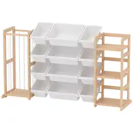 Qaba - 3-in-1 Wooden Toy Storage Organizer with Stuffed Animal Storage, Bookshelf, 12 Bins for Bedroom - Natural wood, White