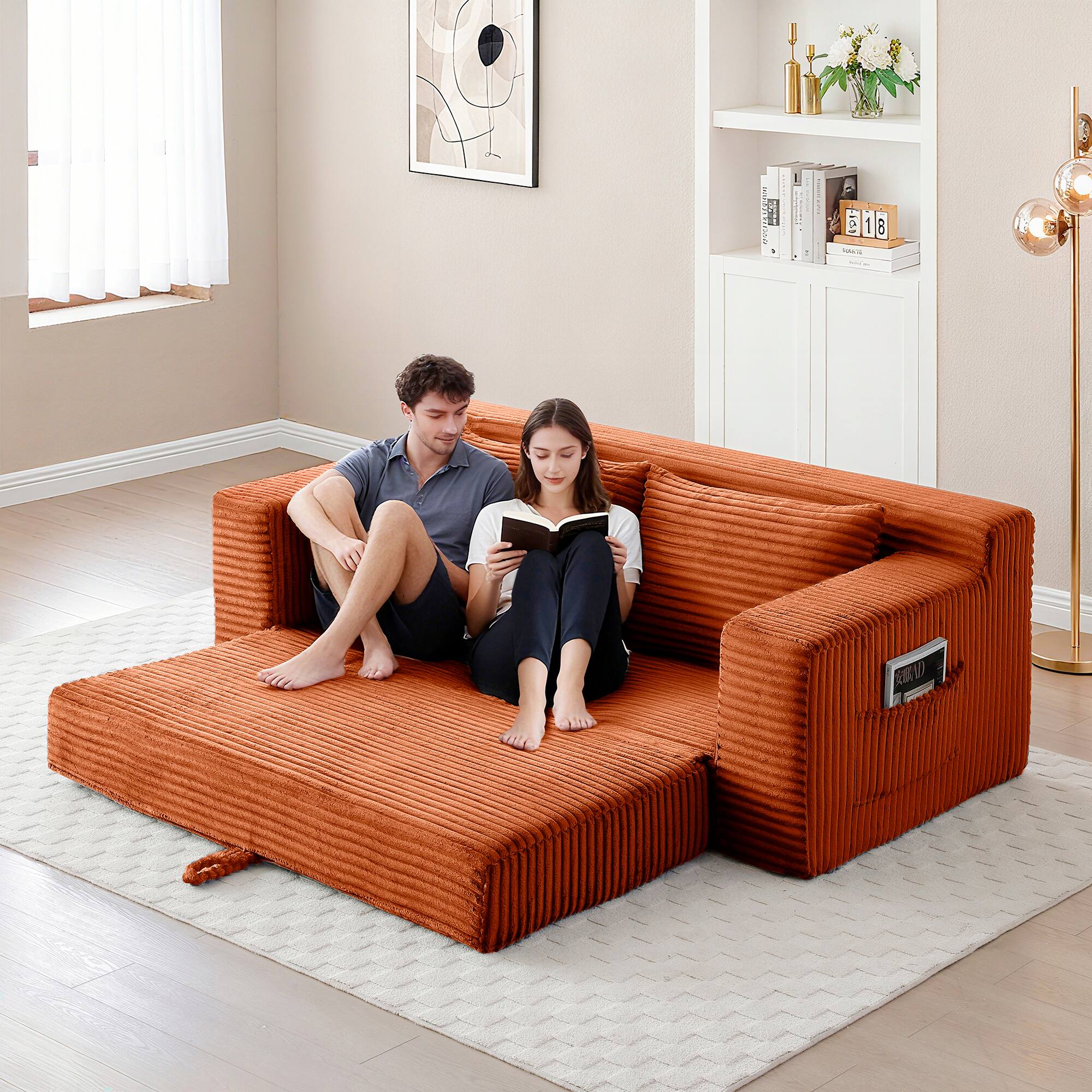 Alt View 3. Meqiodas - 2 in 1 Convertible Folding Couch Bed, Cloud Loveseat Sofa, Corduroy Floor Lounge Sofa for Bedroom Living Room - Orange.