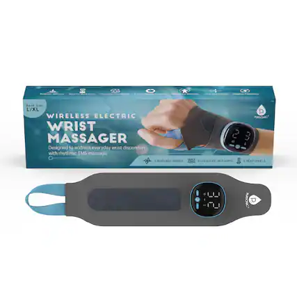 **Band Size:** L/XL
**WIRELESS ELECTRIC WRIST MASSAGER**
Designed to address everyday wrist discomfort with rhythmic EMS massage.
- 5 MASSAGE MODES
- 9 LEVELS OF INTENSITY
- 3 HEAT LEVELS
**PURSONIC**