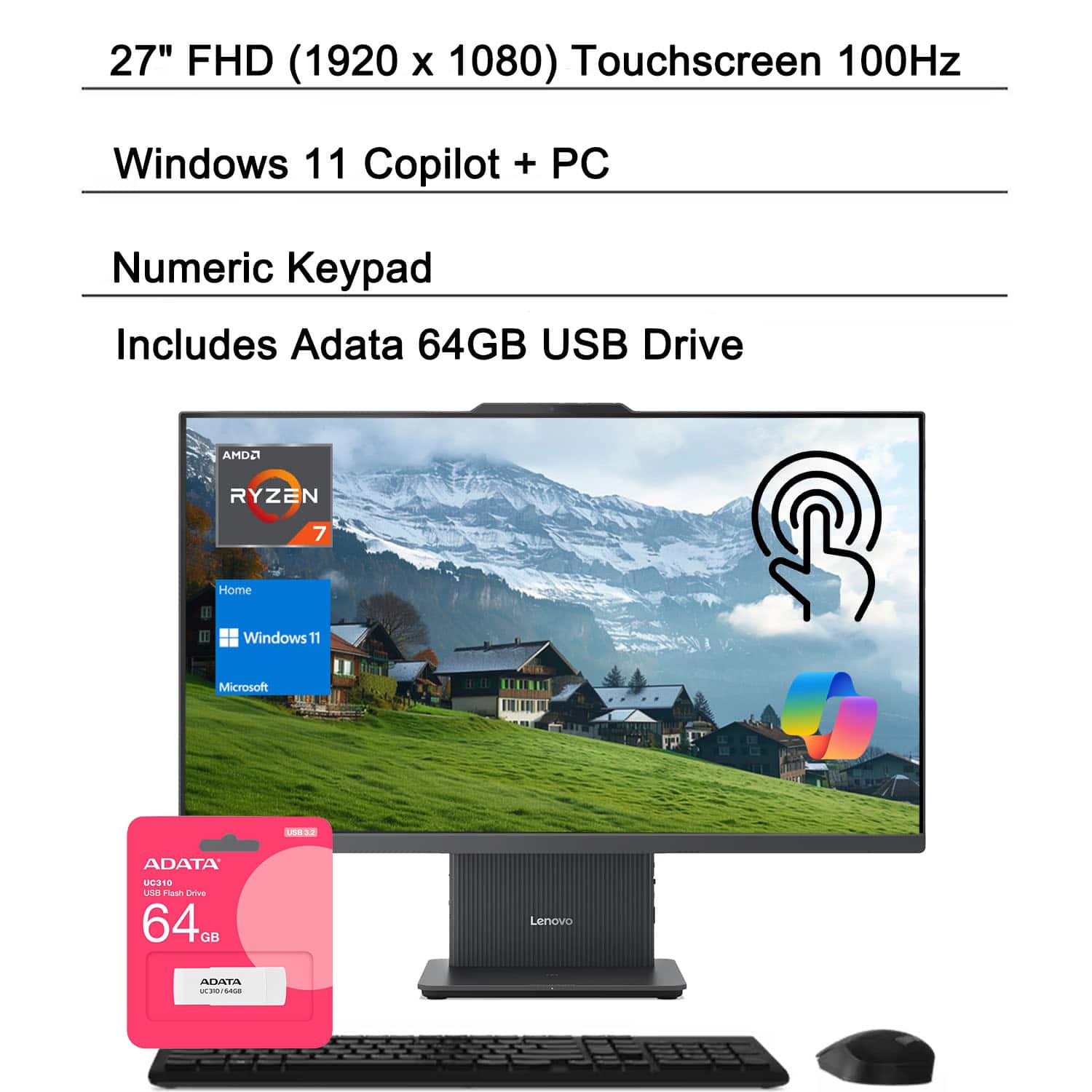 Lenovo - IdeaCentre 27" Touchscreen All-in-One - Wireless KB & M - AMD Ryzen 7 8845HS - 64GB RAM, 2TB SSD - For Power Home & Work - Gray