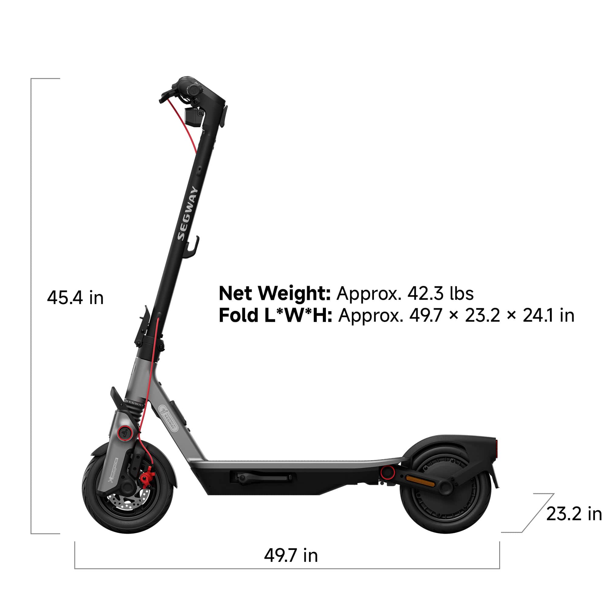 The image shows a black Segway with a red strap. The net weight of the Segway is approximately 42.3 lbs, and it has a fold L*W*H of approximately 49.7 x 23.2 x 24.1 inches.