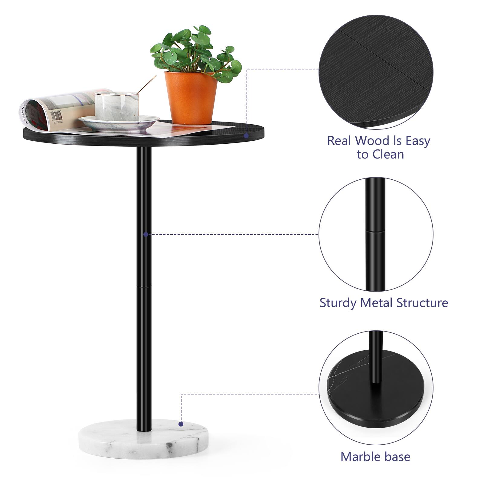Real Wood Is Easy to Clean  
Sturdy Metal Structure  
Marble base