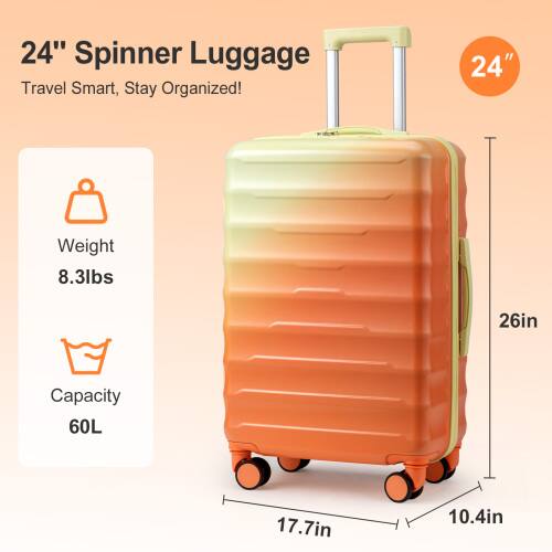 24" Spinner Luggage  
Travel Smart, Stay Organized!  

Weight: 8.3lbs  
Capacity: 60L  

Dimensions:  
- Height: 26in  
- Width: 17.7in  
- Depth: 10.4in