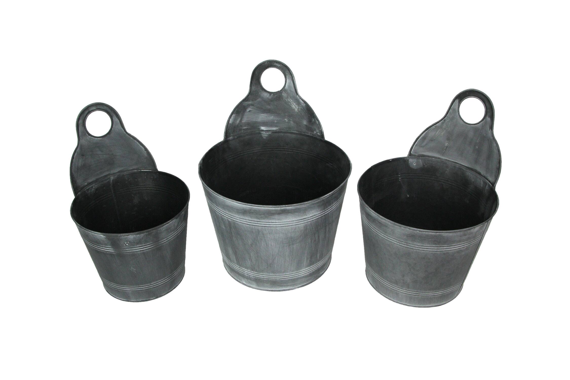 Front. PD Home & Garden - Set of 3 Charcoal Gray Finish Metal Bucket Style Hangable Planters - Grey.