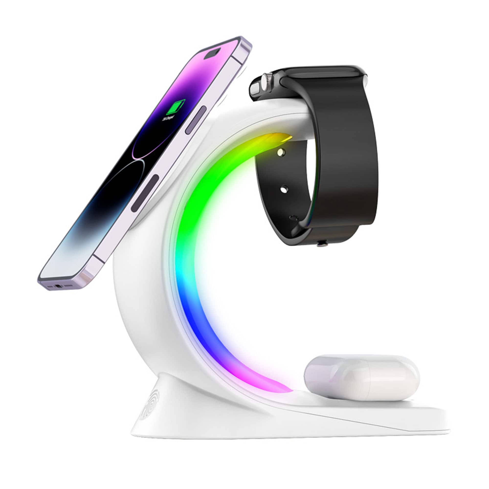 YONWAY - Magnetic Wireless Charger with RGB Light, Crescent Shape Fast Charging Desktop Stand for iPhone, Watches, Airpods