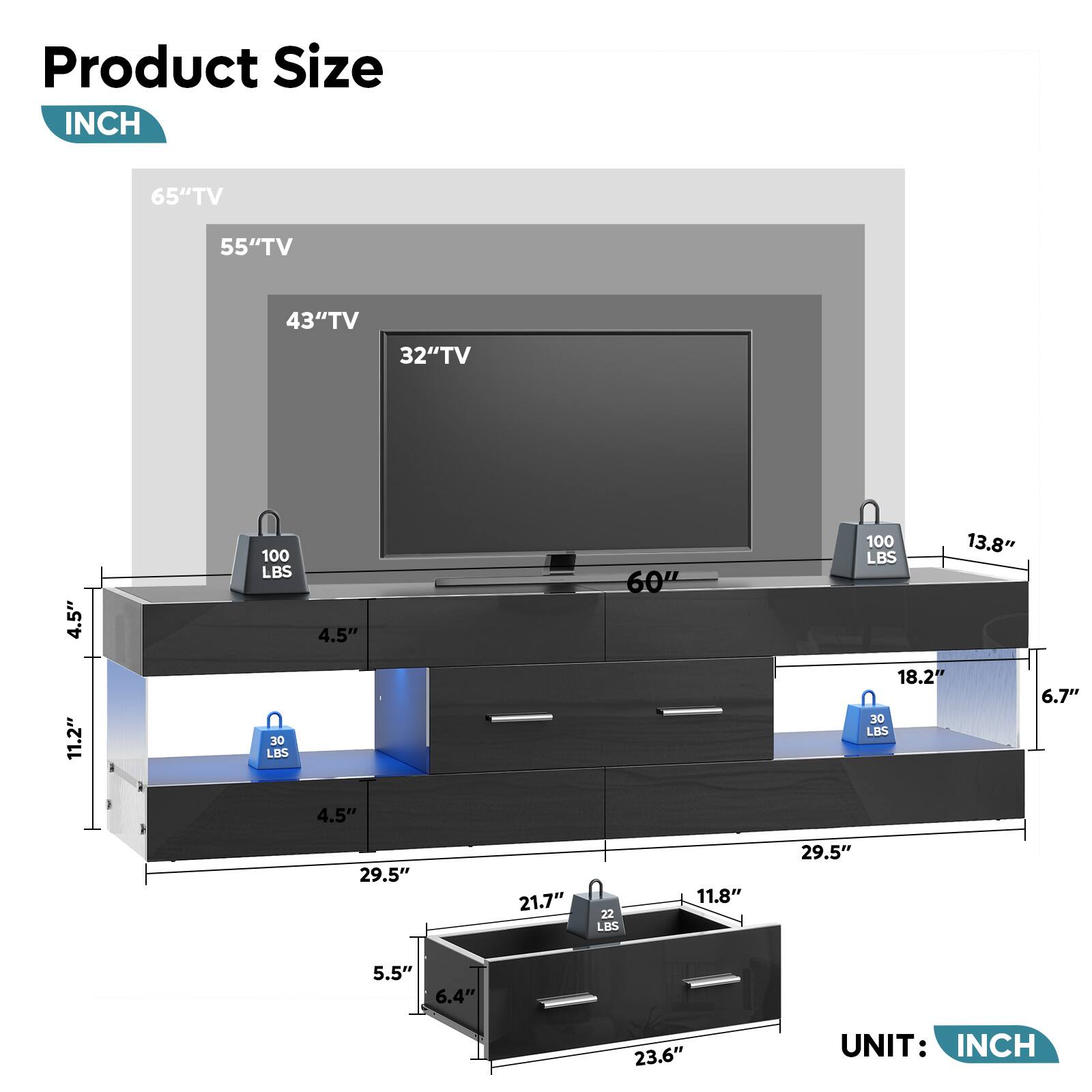 Product Size:

* 65" TV: 55" TV: 43" TV: 32" TV: 4.5" 100 LBS: 4.5" 60" 100 LBS: 13.8" 11.2"
* 100 LBS: 4.5" 29.5" 21.7" 22 LBS: 11.8" 18.2" 30 LBS: 29.5" 6.7" 5.5" 6.4" 23.6"

Unit: INCH