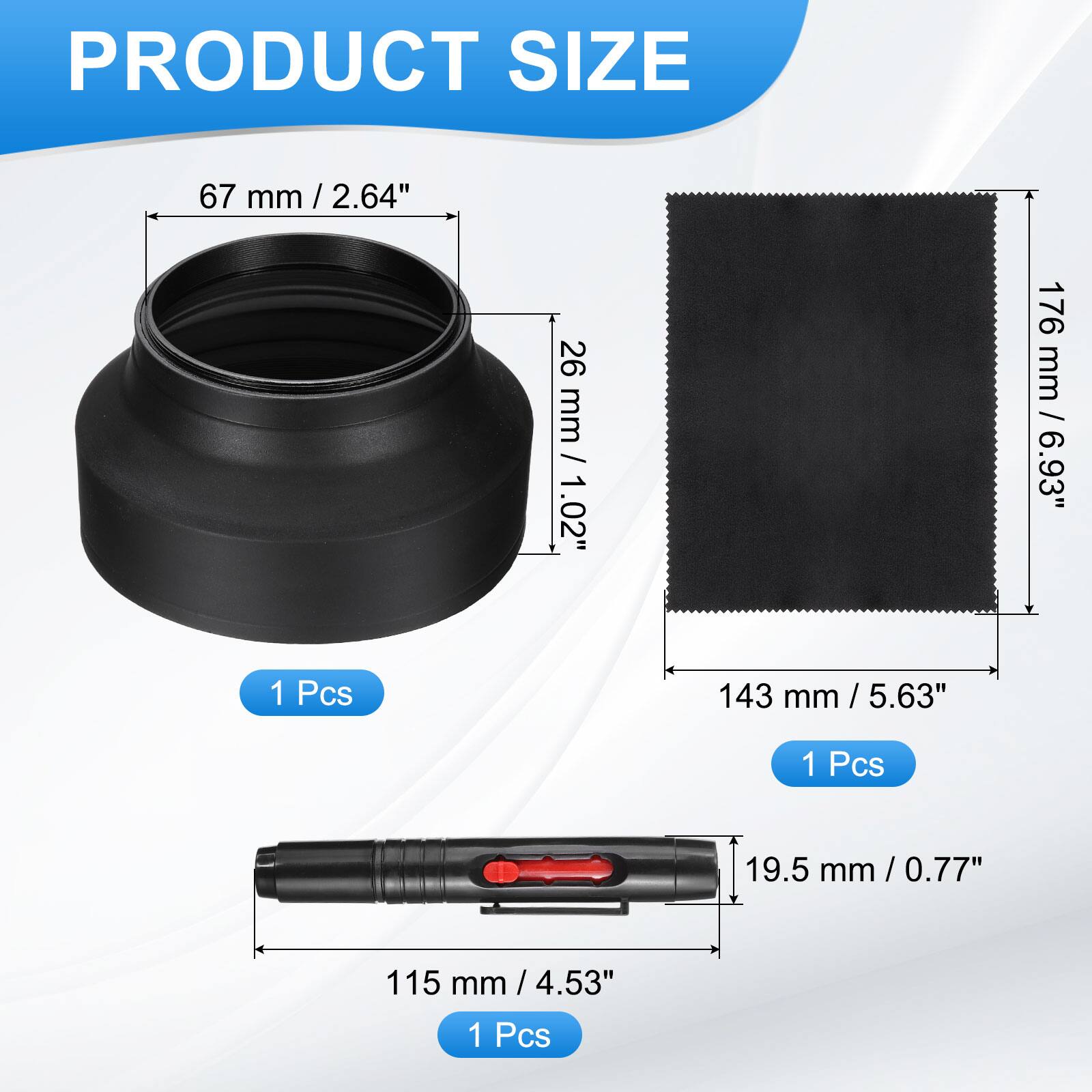 PRODUCT SIZE

- 67 mm / 2.64" / 26 mm / 1.02" - 1 Pcs
- 176 mm / 6.93" - 1 Pcs
- 143 mm / 5.63" - 1 Pcs
- 19.5 mm / 0.77" - 1 Pcs
- 115 mm / 4.53" - 1 Pcs