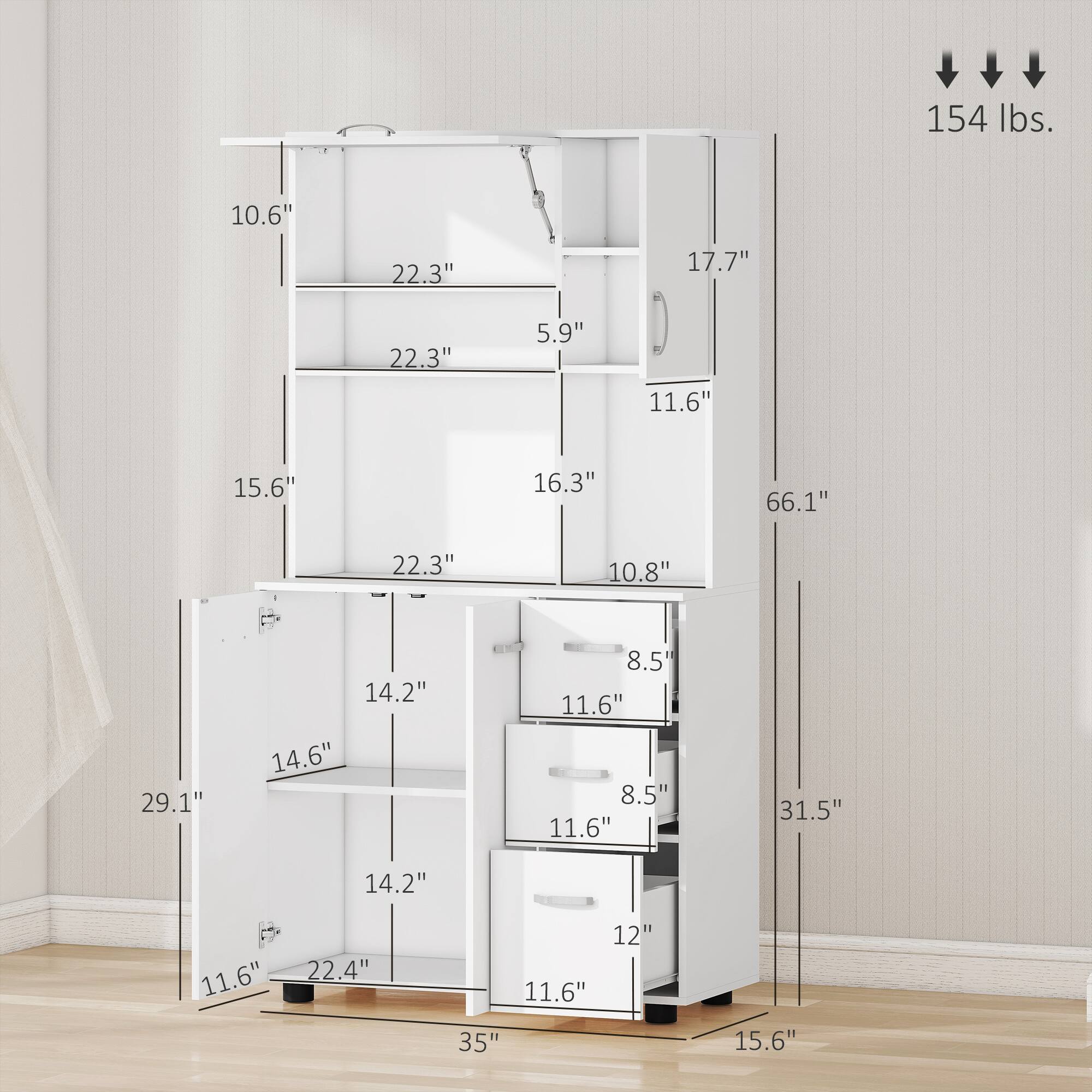 154 lbs, 10.6", 17.7", 22.3", 22.3", 5.9", 11.6", 15.6", 16.3", 66.1", 10.8", 29.1", 14.2", 14.6", 8.5", 11.6", 8.5", 11.6", 31.5", 14.2", 11.6", 22.4", 12", 35", 15.6"