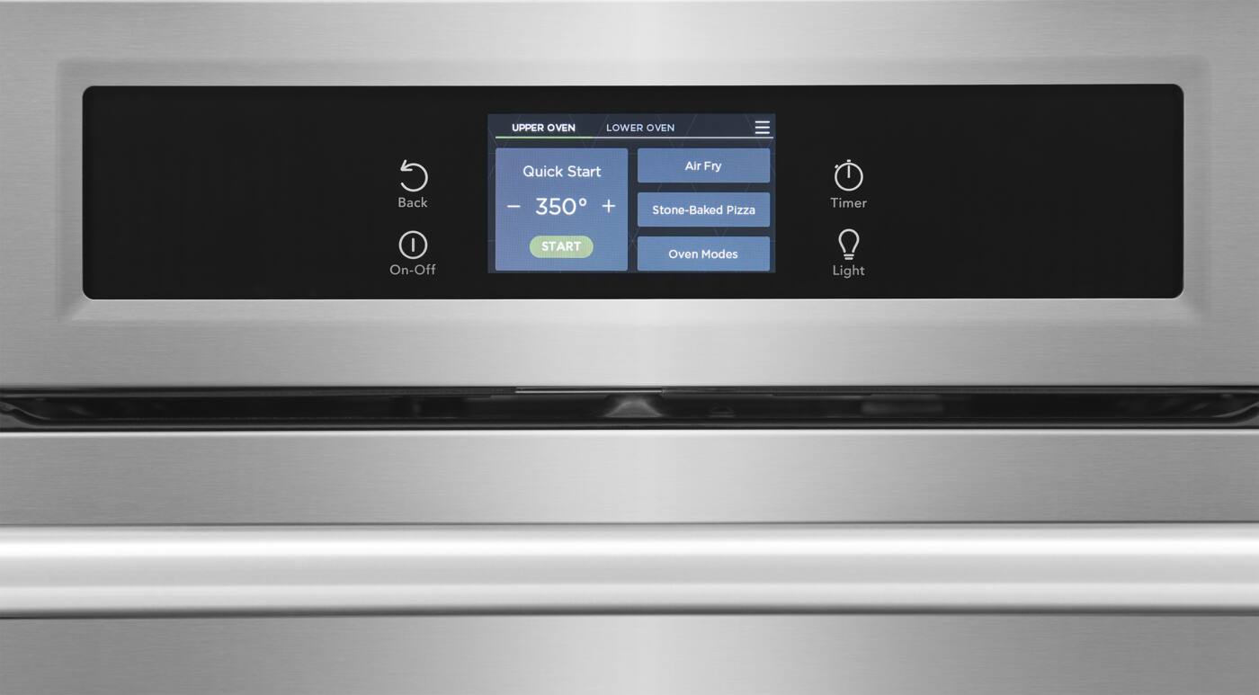 UPPER OVEN LOWER OVEN

Quick Start
- 350° +
START

Air Fry
Stone-Baked Pizza
Oven Modes

Timer
Light

Back
On-Off