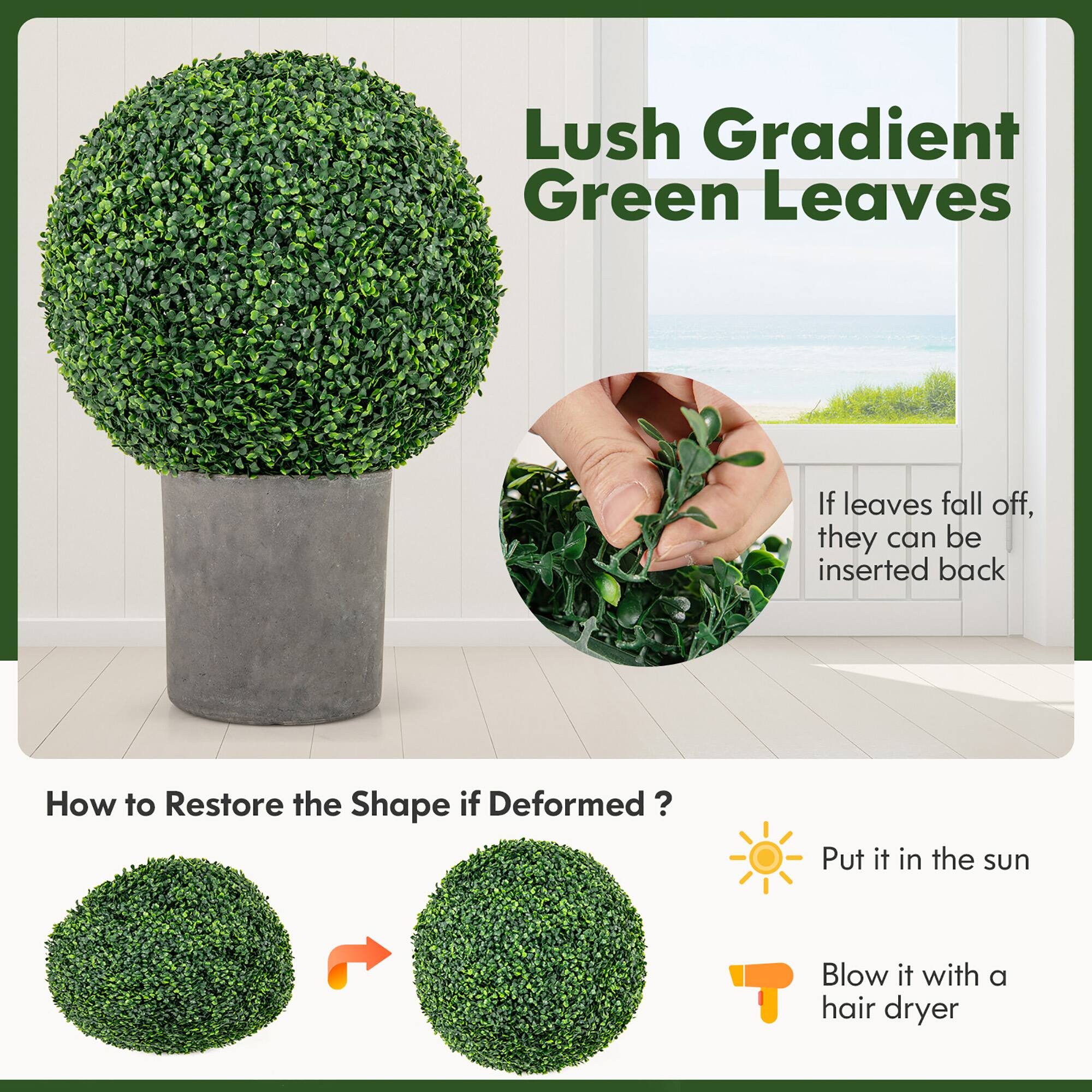 Lush Gradient Green Leaves

If leaves fall off, they can be inserted back

How to Restore the Shape if Deformed?
- Put it in the sun
- Blow it with a hair dryer