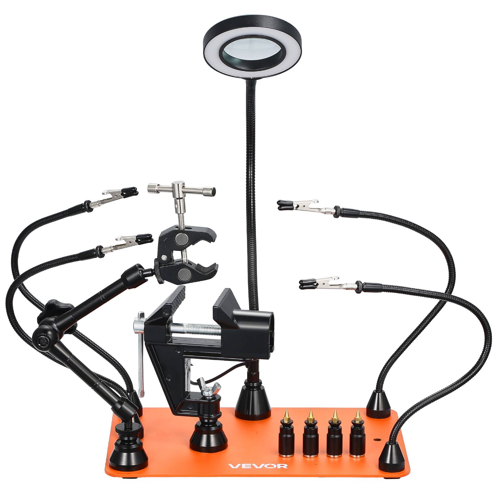 Alt View 5. VEVOR - Magnetic Helping Hands Soldering Station, 4 Arms Third Hand Tool, with Vise, 3X LED Magnifying Lamp, 4 PCB Holder - Orange.