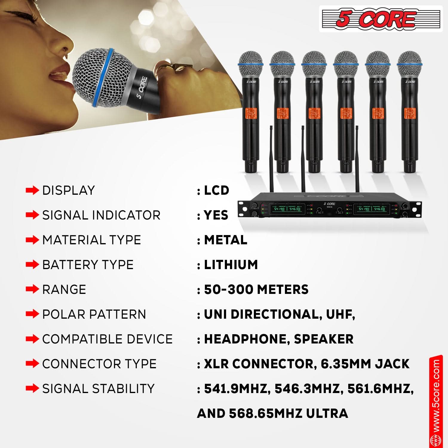 5 CORE CORE 5 FOAR Tae nde d Ju dute DISPLAY : LCD SIGNAL INDICATOR : YES MATERIAL TYPE : METAL BATTERY TYPE : LITHIUM RANGE : 50-300 METERS POLAR PATTERN : UNI DIRECTIONAL, UHF COMPATIBLE DEVICE : HEADPHONE, SPEAKER CONNECTOR TYPE : XLR CONNECTOR, 6.35MM JACK SIGNAL STABILITY : 541.9MHZ, 546.3MHZ, 561.6MHZ, AND 568.65MHZ ULTRA www.5core.com