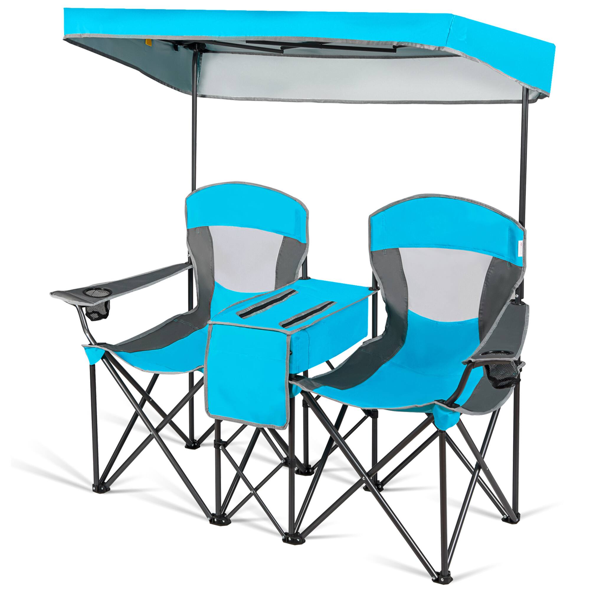 Alt View 2. Gymax - Gymax Folding 2-person Camping Chairs Double Sunshade Chairs w/ Canopy Blue - Blue.