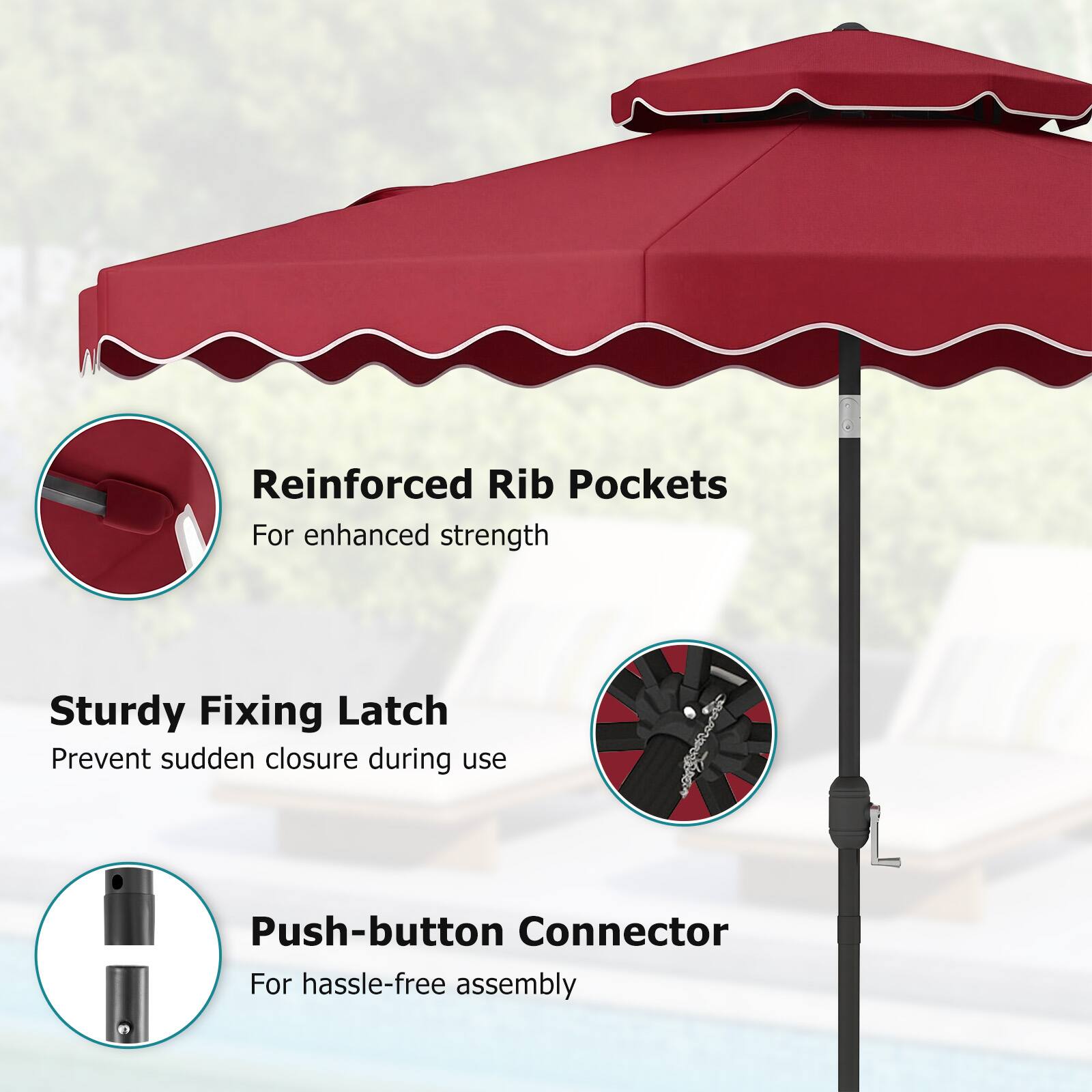 Reinforced Rib Pockets  
For enhanced strength  

Sturdy Fixing Latch  
Prevent sudden closure during use  

Push-button Connector  
For hassle-free assembly