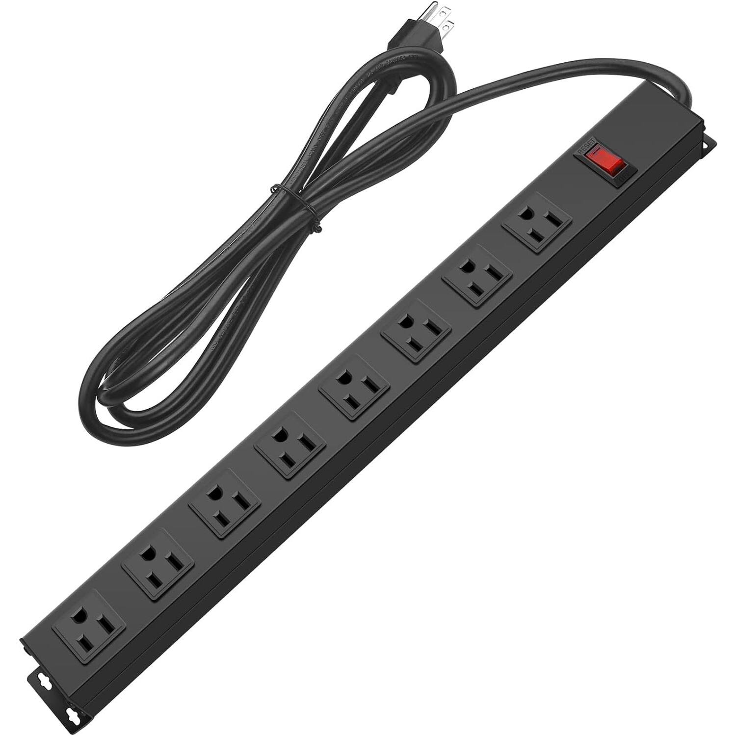 PARKER SLATER - Metal Mountable Power Strip with 8 Wide-Spaced Outlets, 15A/125V/1875W, Switch, 6FT 14AWG Cord – Heavy-Duty - Black