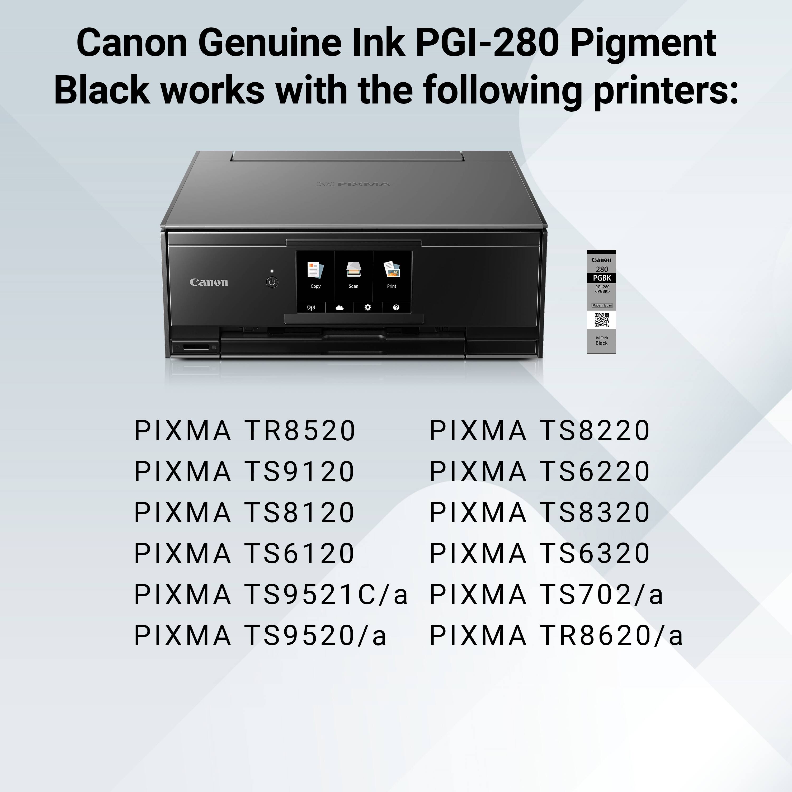 Canon Genuine Ink PGI-280 Pigment Black works with the following printers:

- PIXMA TR8520
- PIXMA TS9120
- PIXMA TS8120
- PIXMA TS6120
- PIXMA TS9521C/a
- PIXMA TS9520/a
- PIXMA TS8220
- PIXMA TS6220
- PIXMA TS8320
- PIXMA TS6320
- PIXMA TS702/a
- PIXMA TR8620/a