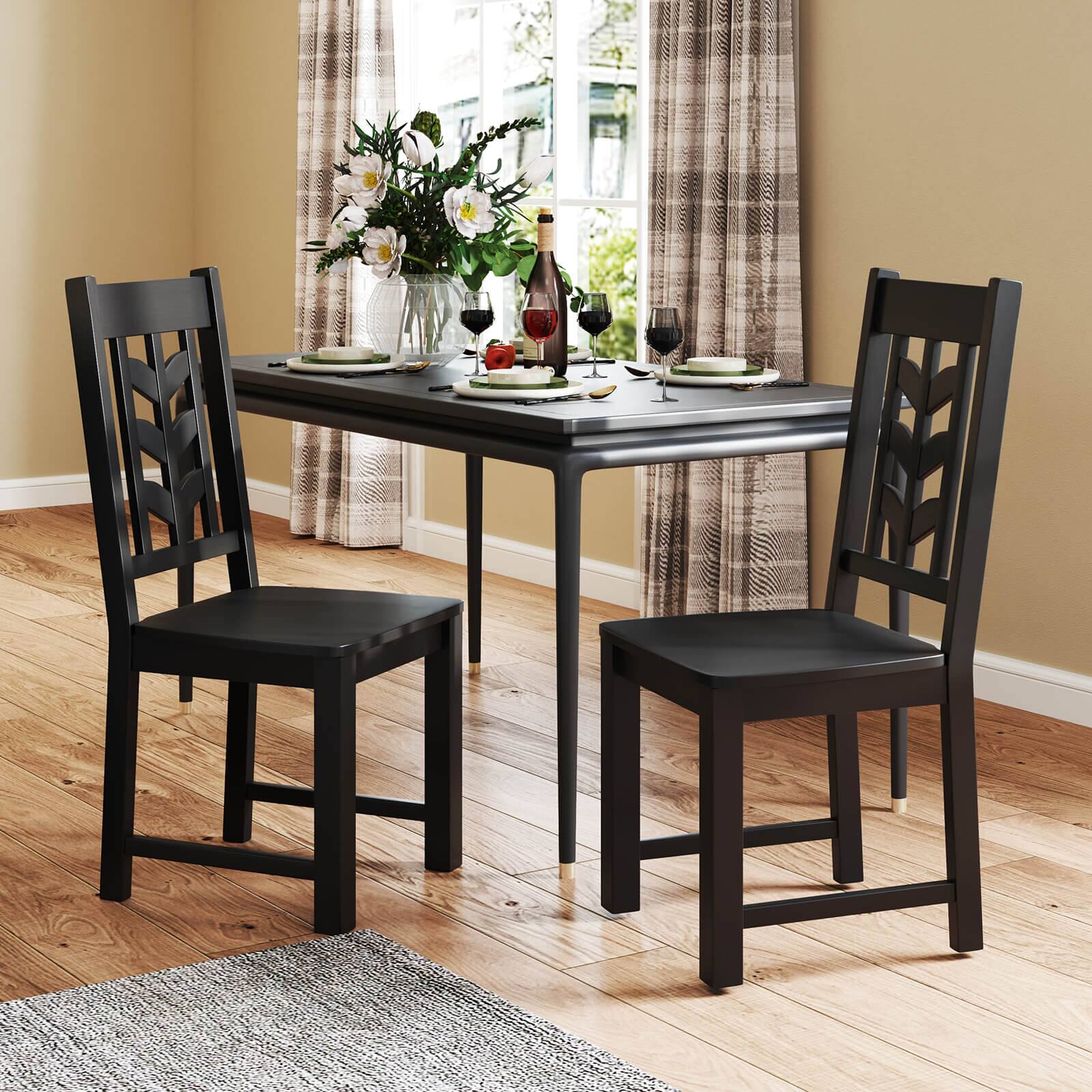 Alt View 1. Costway - Costway Dining Chair Set of 2 with Rubber Wood Frame & Leaf-shape High Back for Kitchen Black - Black.