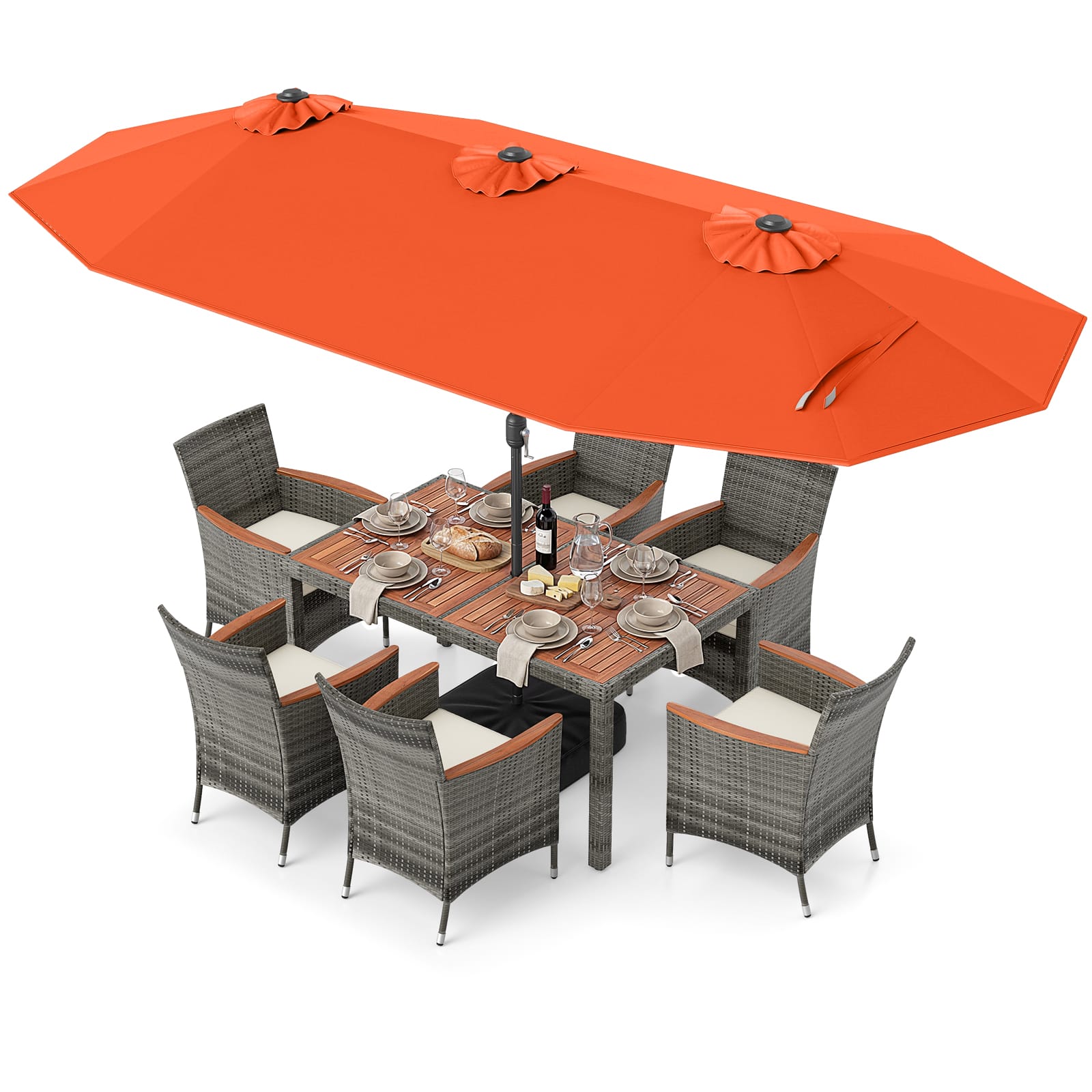 Gymax - 8-Piece Patio Dining Set w/ Double-Sided Market Umbrella Acacia Wood Top - Orange