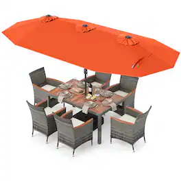 Gymax - 8-Piece Patio Dining Set w/ Double-Sided Market Umbrella Acacia Wood Top - Orange