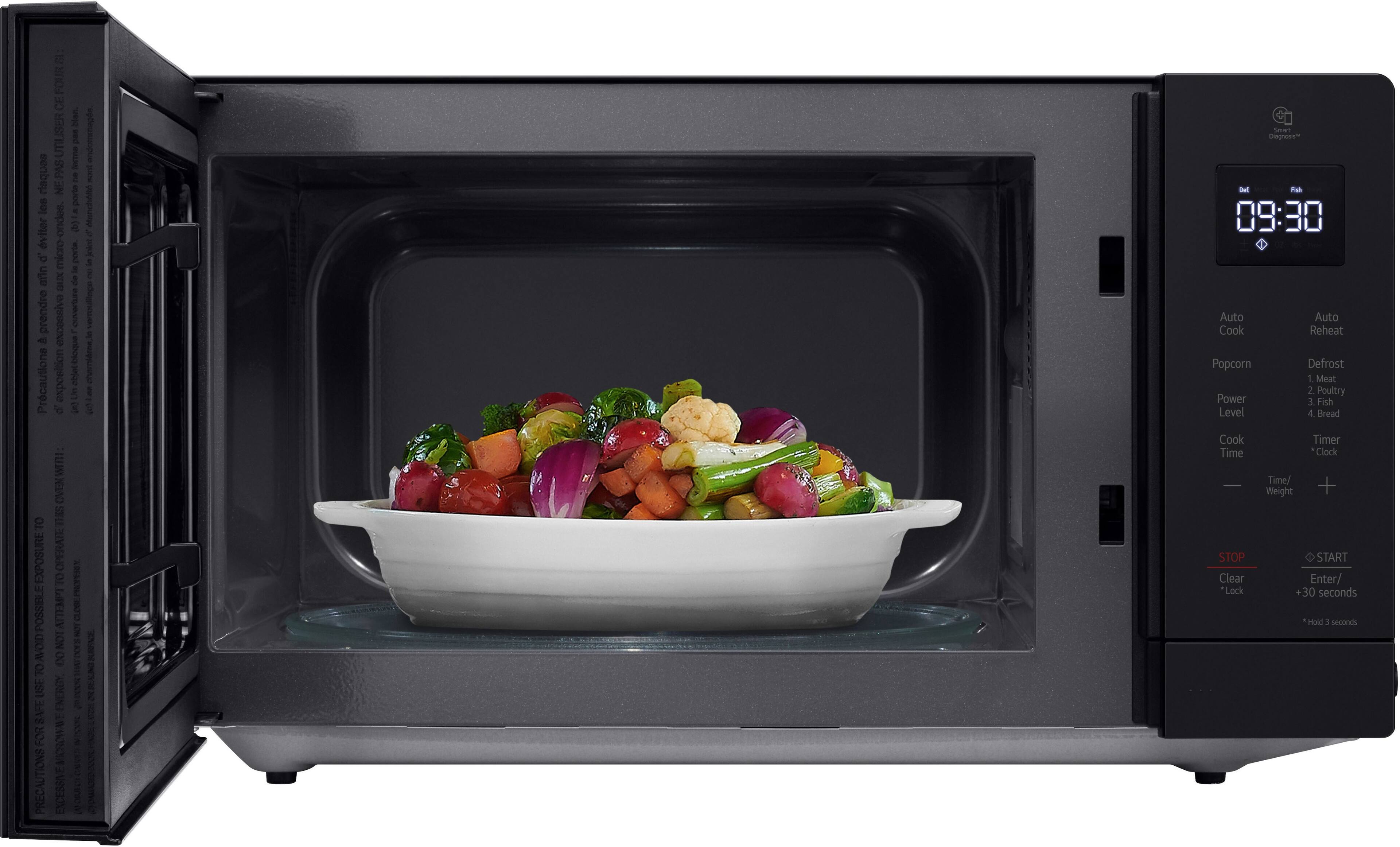 Sure, here is the corrected and grouped text from the image:

---

**Precautions:**

- Do not use excessive or open flames near the appliance.
- Do not expose the appliance to direct sunlight or heat sources.
- Do not use the appliance for purposes other than its intended use.

**Energy Consumption:**

- The appliance is designed to be energy efficient.

**Safety Precautions:**

- Do not touch the glass door or the interior of the appliance while it is in operation.
- Do not use the appliance if the door is damaged or does not close properly.

**Cooking Options:**

- Auto Cook
- Auto Reheat
- Popcorn
- Defrost
- Power
- Cook Time
- Timer
- Clock
- Time/Weight

**Levels:**

- 1. Meat
- 2. Poultry
- 3. Fish
- 4. Bread

**Controls:**

- STOP
- Clear
- *Lock
- START
- Enter/
- +30 seconds
- *Hold 3 seconds

**Smart Diagnosis:**

- (Icon indicating Smart Diagnosis feature)

---

This text is grouped and corrected based on the visible labels and instructions on the microwave oven.