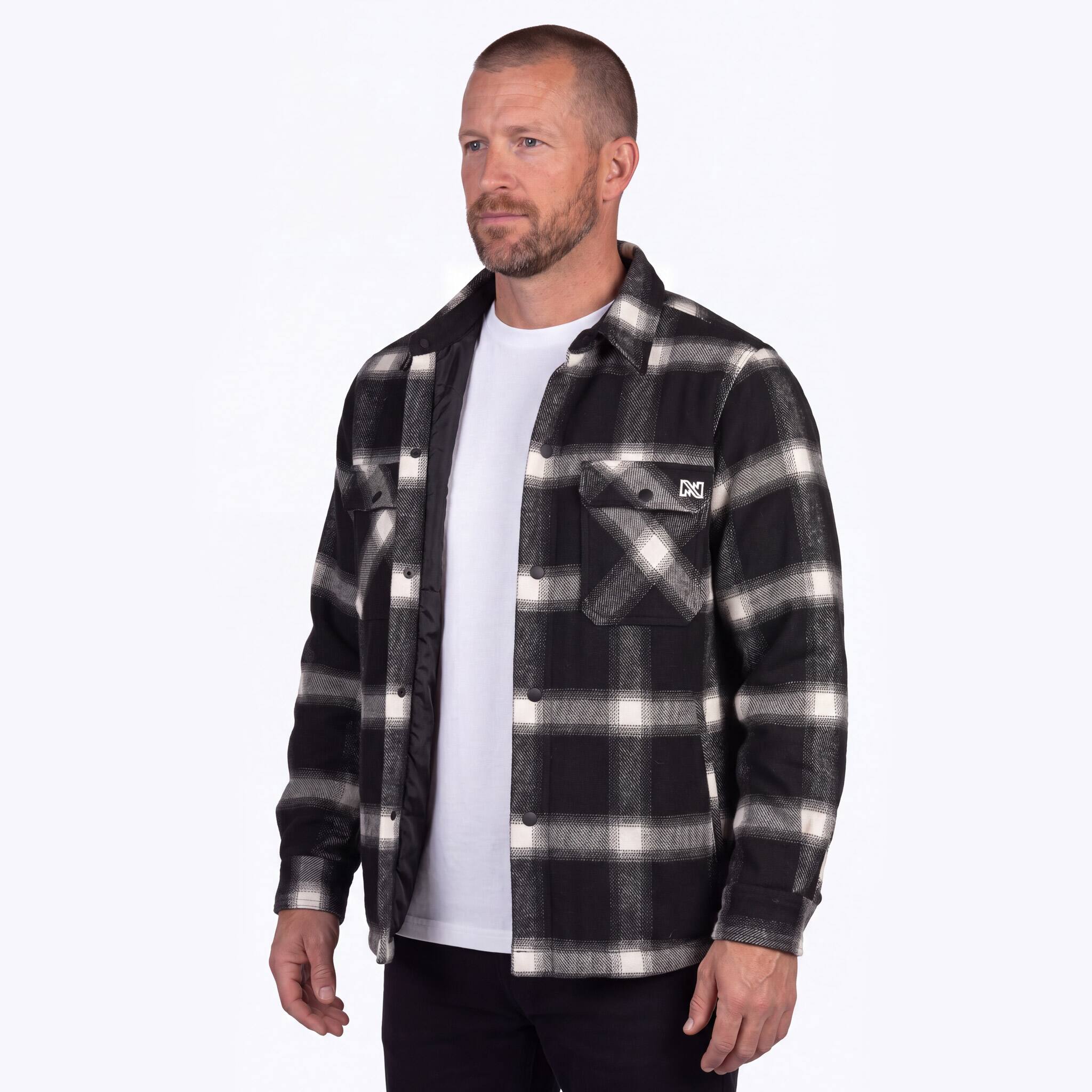 Left. Mobile Warming - Men's Kodiak Plaid Heated Jacket - Black and White.