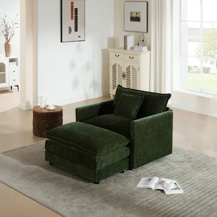 Front. LOVMOR - Easy Assembly Single Seat Chenille Accent Chair For Living Room Bedroom Office Plush Cozy Lounge Indoor Family - Green.