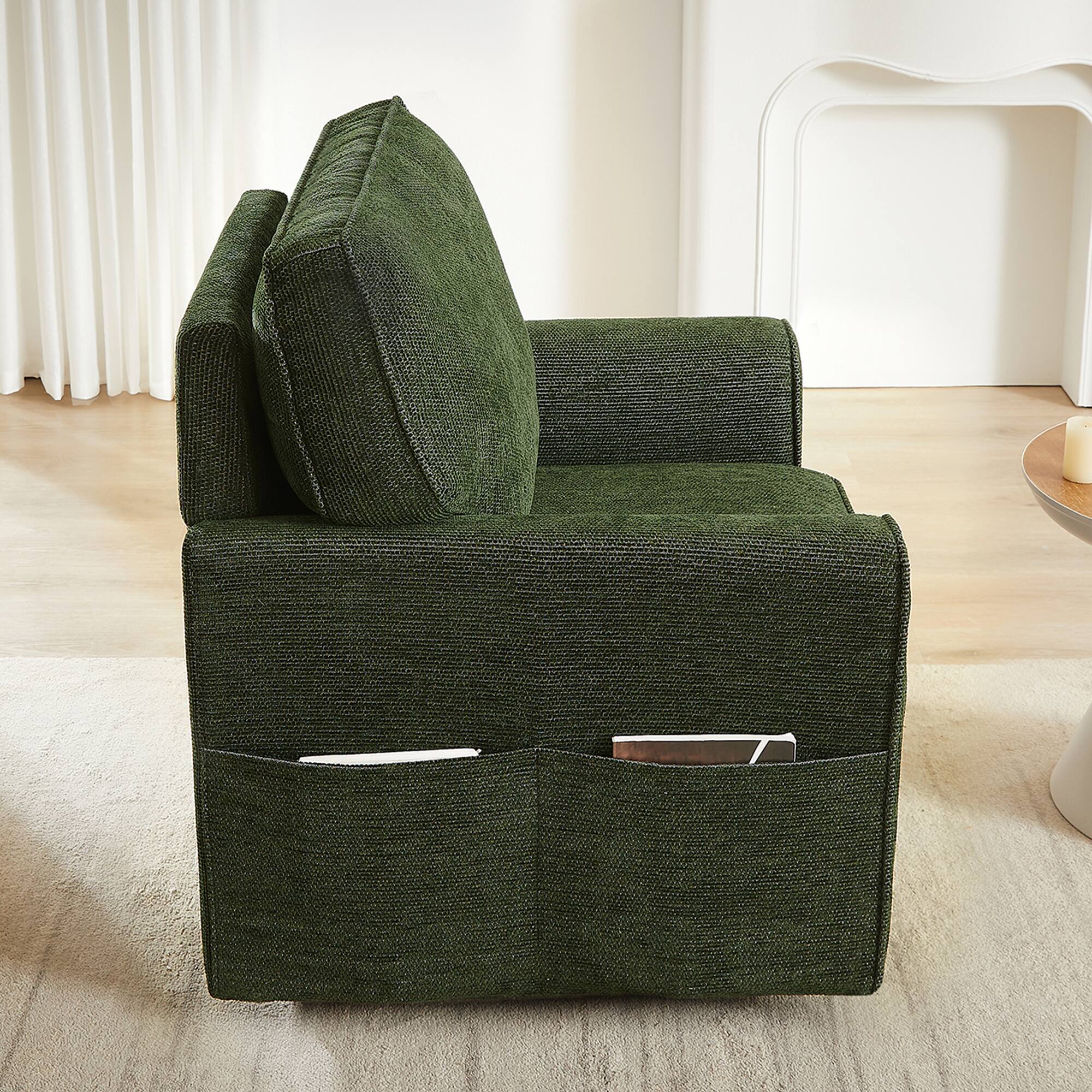 Left. Bestier - 360° Swivel Green Accent Chair with Side Pockets, Upholstered Chenille Armchair Sofa for Bedroom Office Living Room - Green.