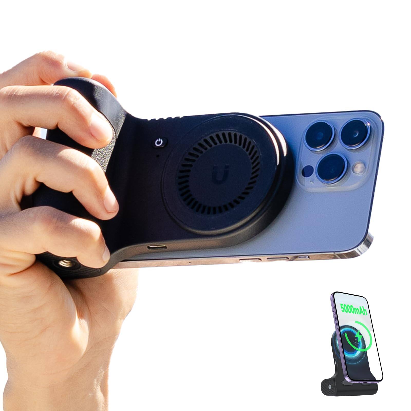 Front. COTTAGE - Magnetic Phone Stand Camera Grip With Wireless Charging Shutter For Handle Vlogging Selfies Video Calls - Black.