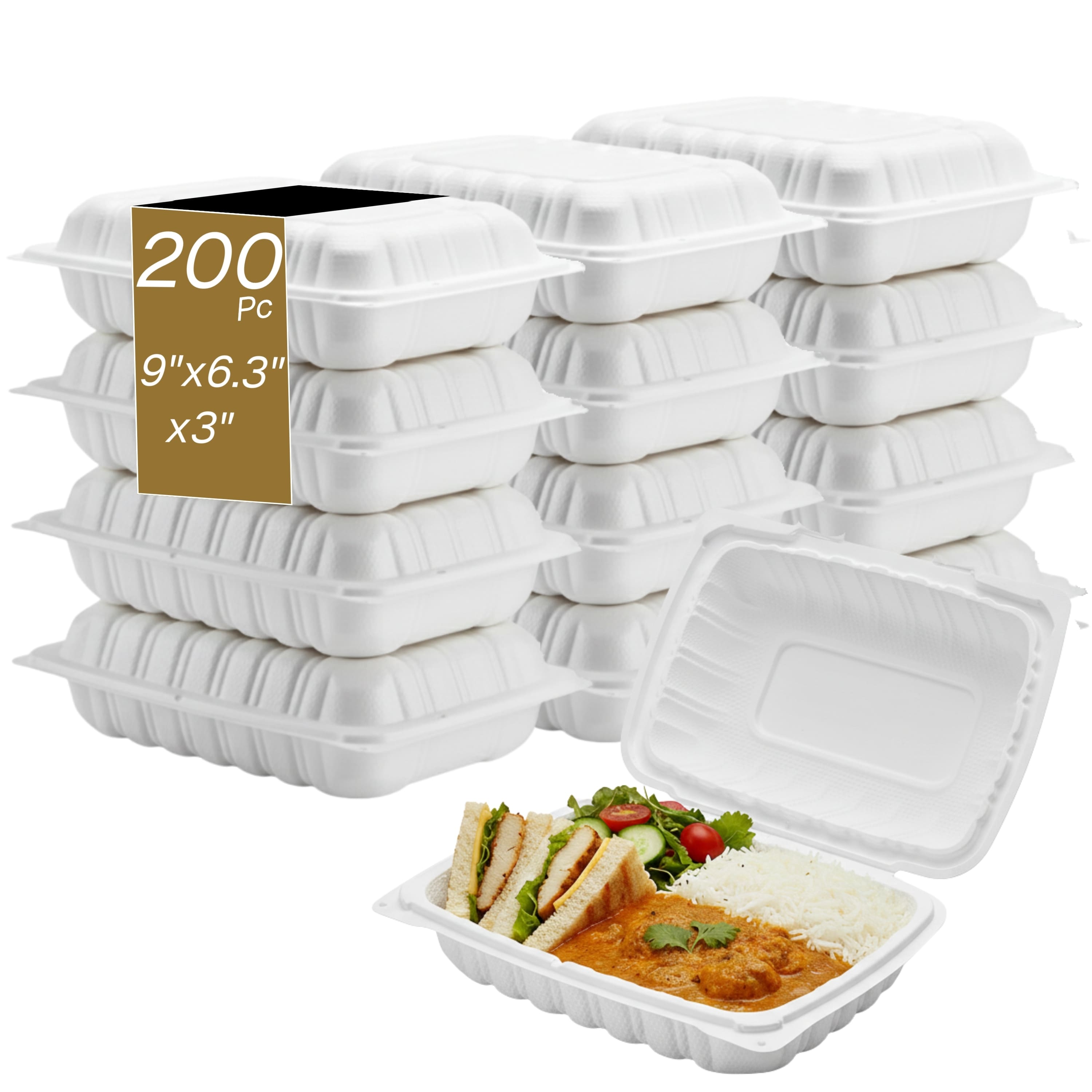 Eco Harmony Products - Clamshell (MFPP) Hinged Container (Corner Lock), Tall, 9" x 6.3", 200-Pack - White