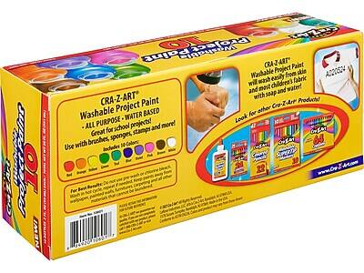 CRA-Z-ART Washable Project Paint  
- All Purpose  
- Water Based  
Great for school projects!  
Use with brushes, sponges, stamps, and more!  

Includes 10 Colors:  
Red, Orange, Yellow, Green, Blue, Purple, Pink, Brown, Black, White  

CRA-Z-ART Washable Project Paint will wash easily from skin and most children's fabric with soap and water!  

Look for other CRA-Z-ART Products  

For Best Results: Do not use on hot cycle washables, wallpaper, painted walls, or materials that cannot be laundered.  

Item No: AD20524  

64 Colors  

www.CRA-Z-ART.com