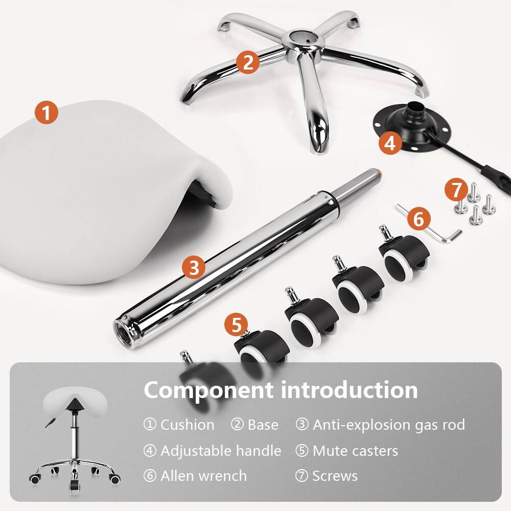 Component introduction

1. Cushion
2. Base
3. Anti-explosion gas rod
4. Adjustable handle
5. Mute casters
6. Allen wrench
7. Screws